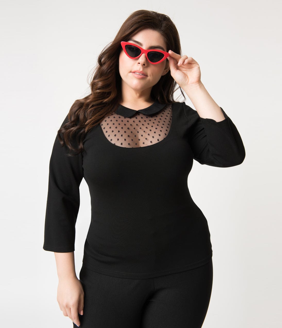 Unique Vintage Plus Size Black Mesh & Swiss Dot Stretch Knit Fitz Top