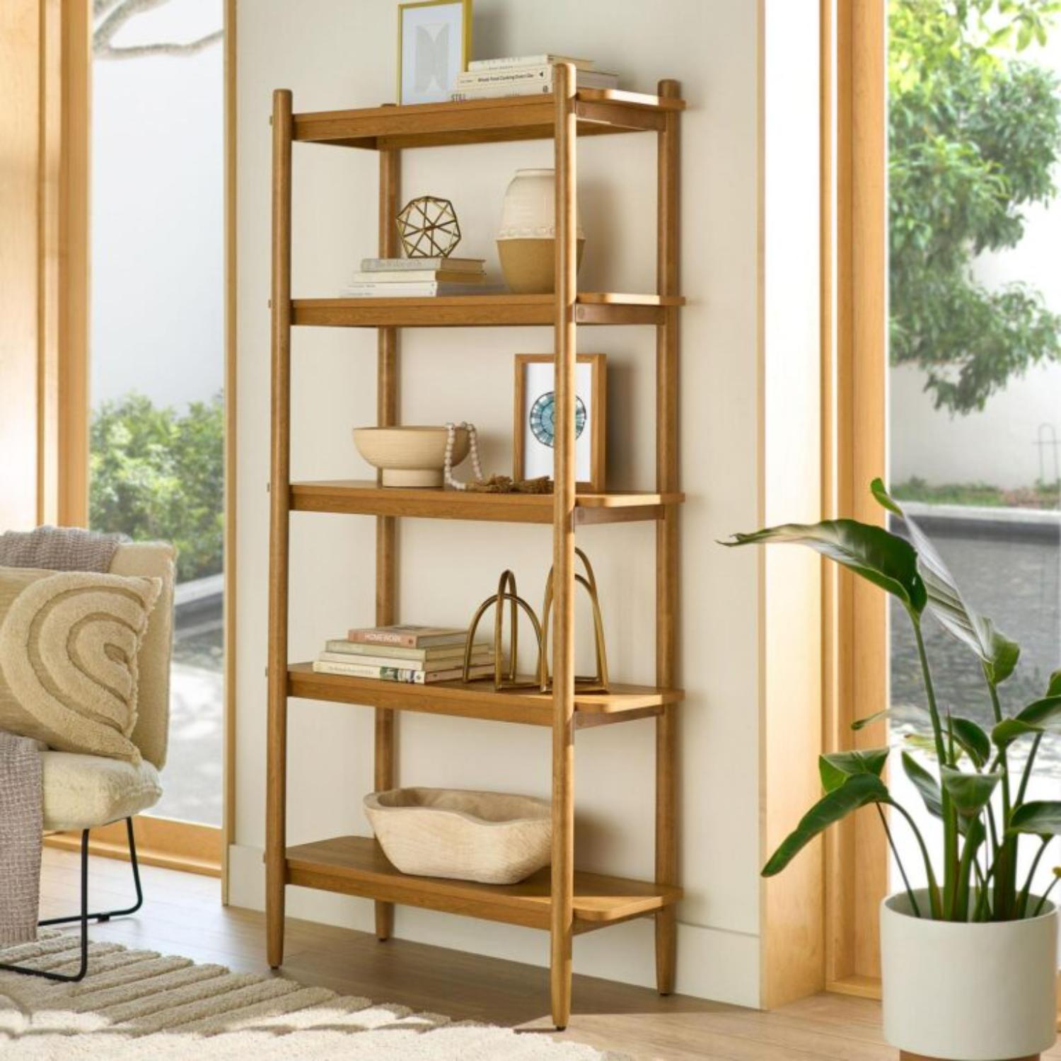 Better Homes and Gardens 434754 Springwood 5 Shelf Bookcase with Solid Wood Frame, Light Honey Finish