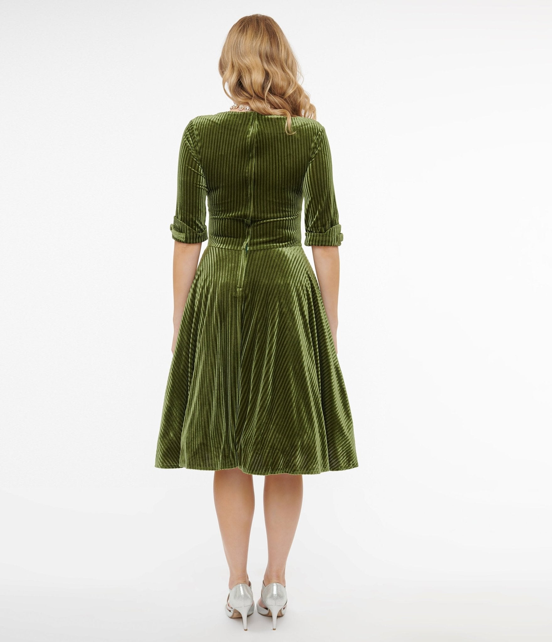 Unique Vintage 1950s Moss Green Velvet Delores Swing Dress