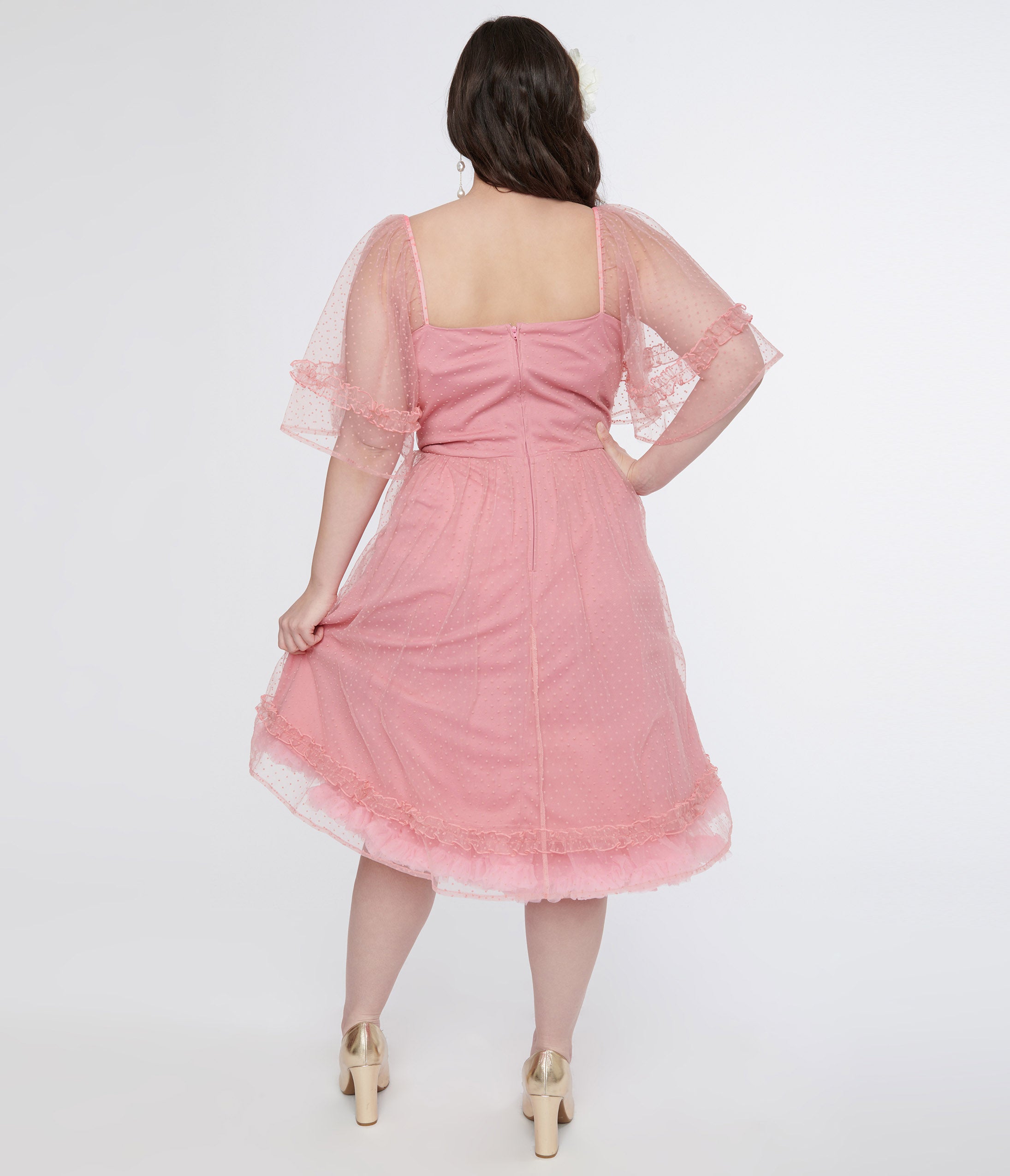 Unique Vintage Plus Size 1950s Rose Ruffle Sweetheart Swing Dress