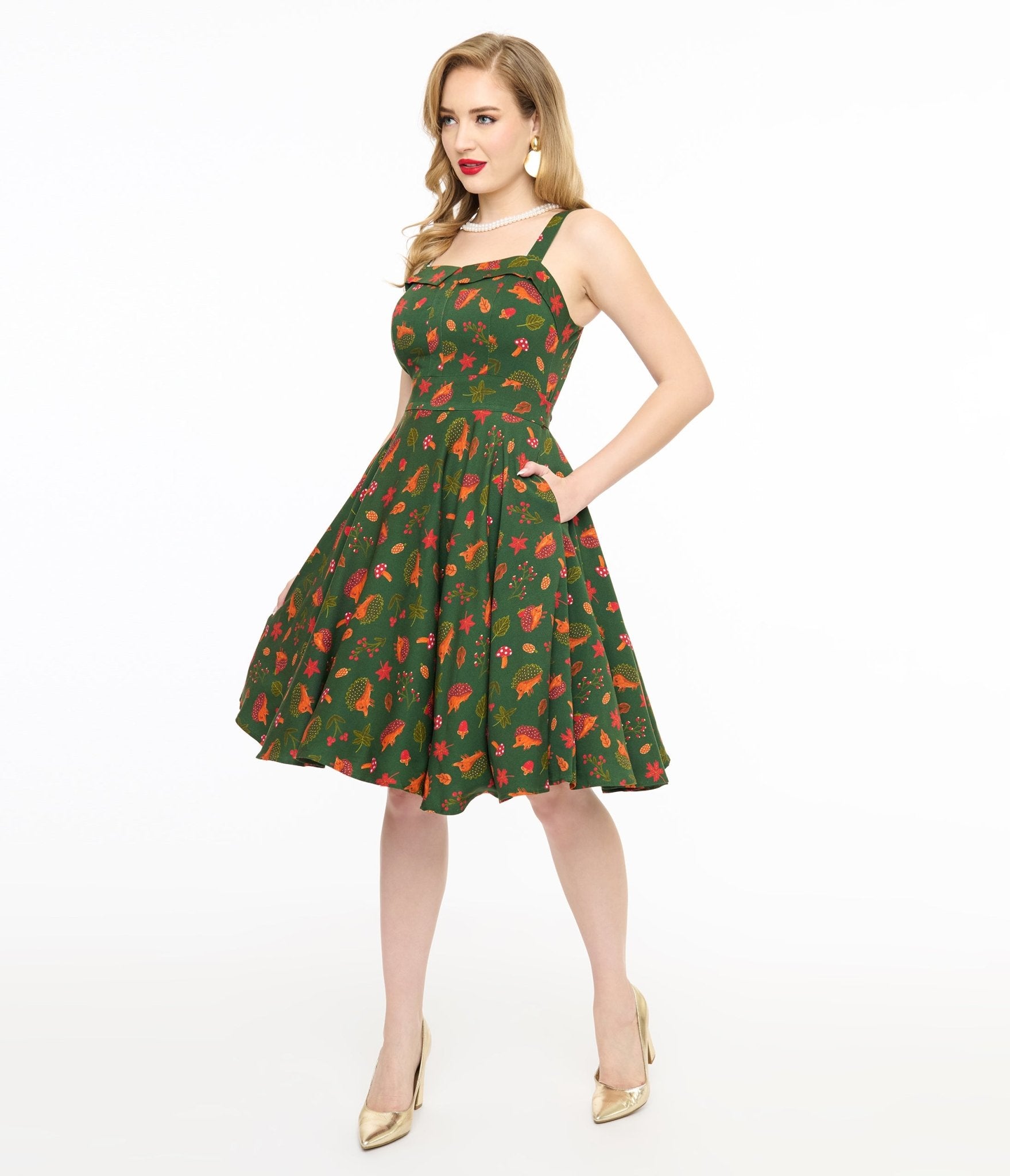 Miss Lulo 1950s Green Hedgehog Forest Print Kyla Fit & Flare Dress