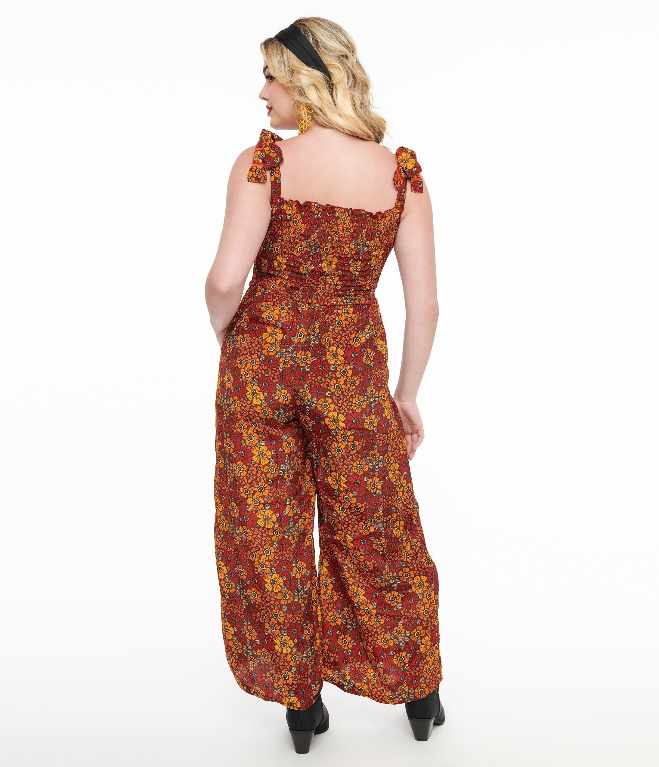 1970s Brown & Orange Flower Child Silk Jumpsuit