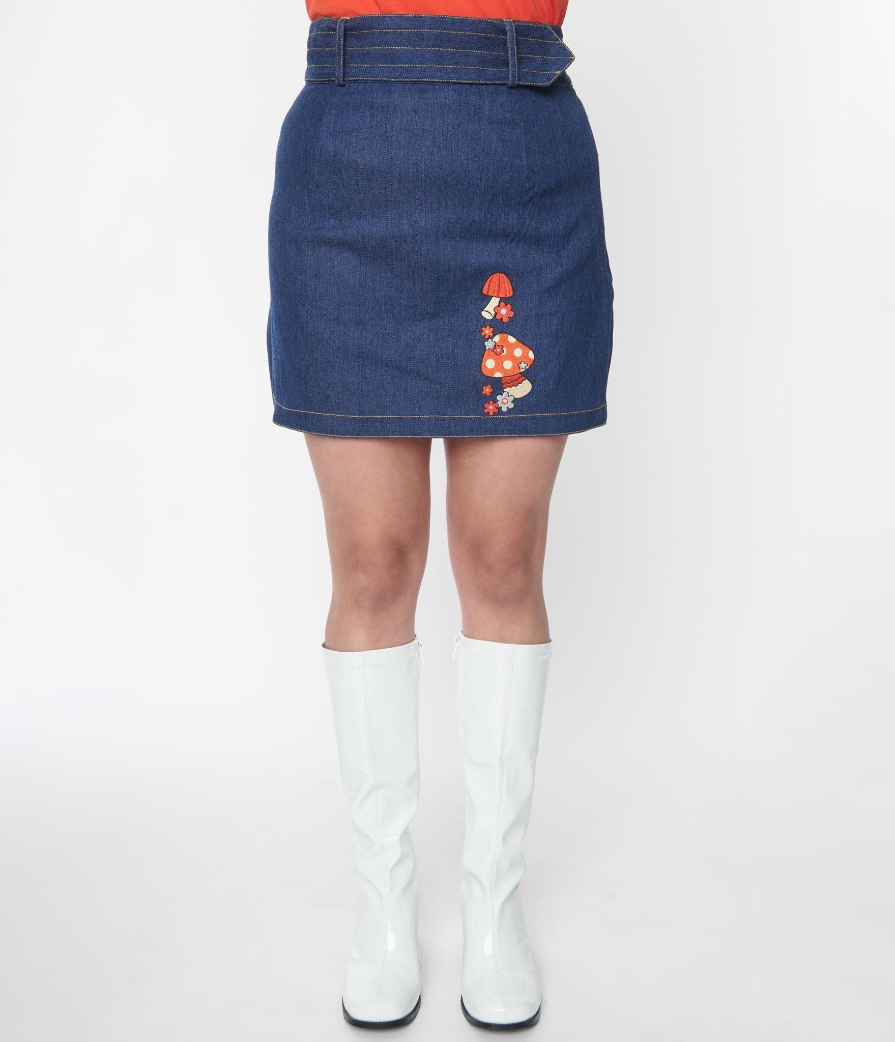 Smak Parlour Mushroom Embroidered Denim Belted Mini Skirt