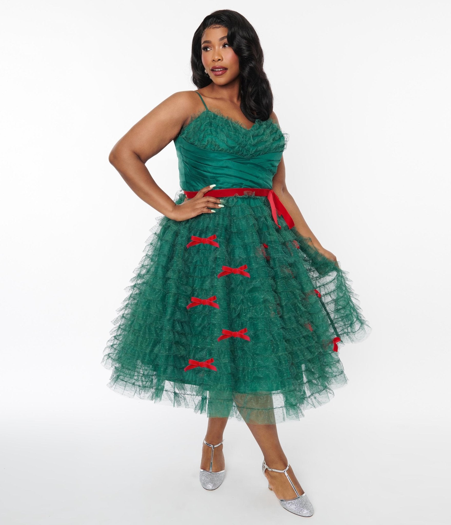 Unique Vintage Plus Size Emerald Green & Red Ribbon Tulle Cupcake Swing Dress