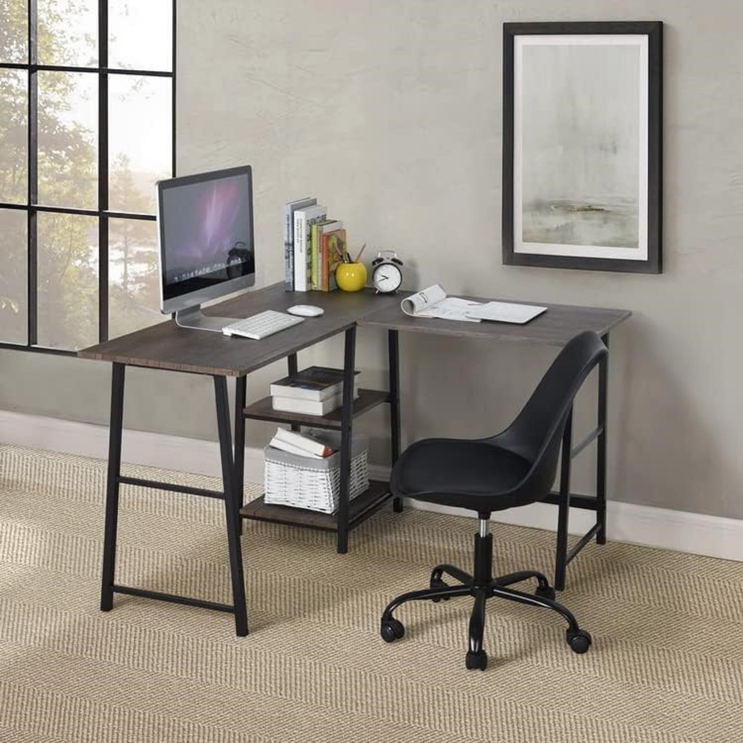 Branax L Shaped Office Desk with Shelf, Brown - Thick Wood & Sturdy Metal Frame