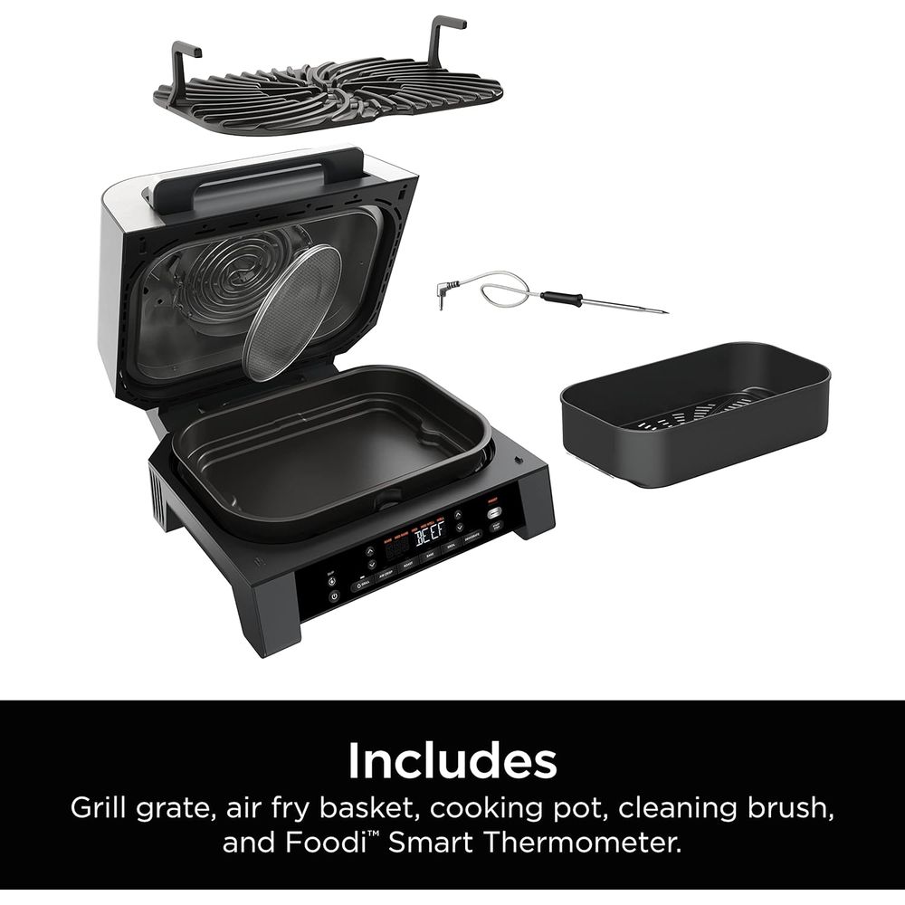 Ninja DG551 Foodi Smart XL 6-in-1 Stainless Steel Indoor Grill W/Built in Thermometer, Black/Silver