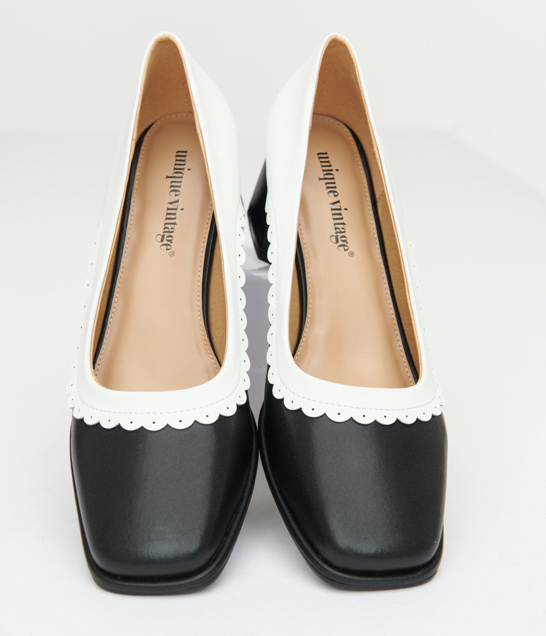 Unique Vintage 1950s Black & White Square Toe Pumps