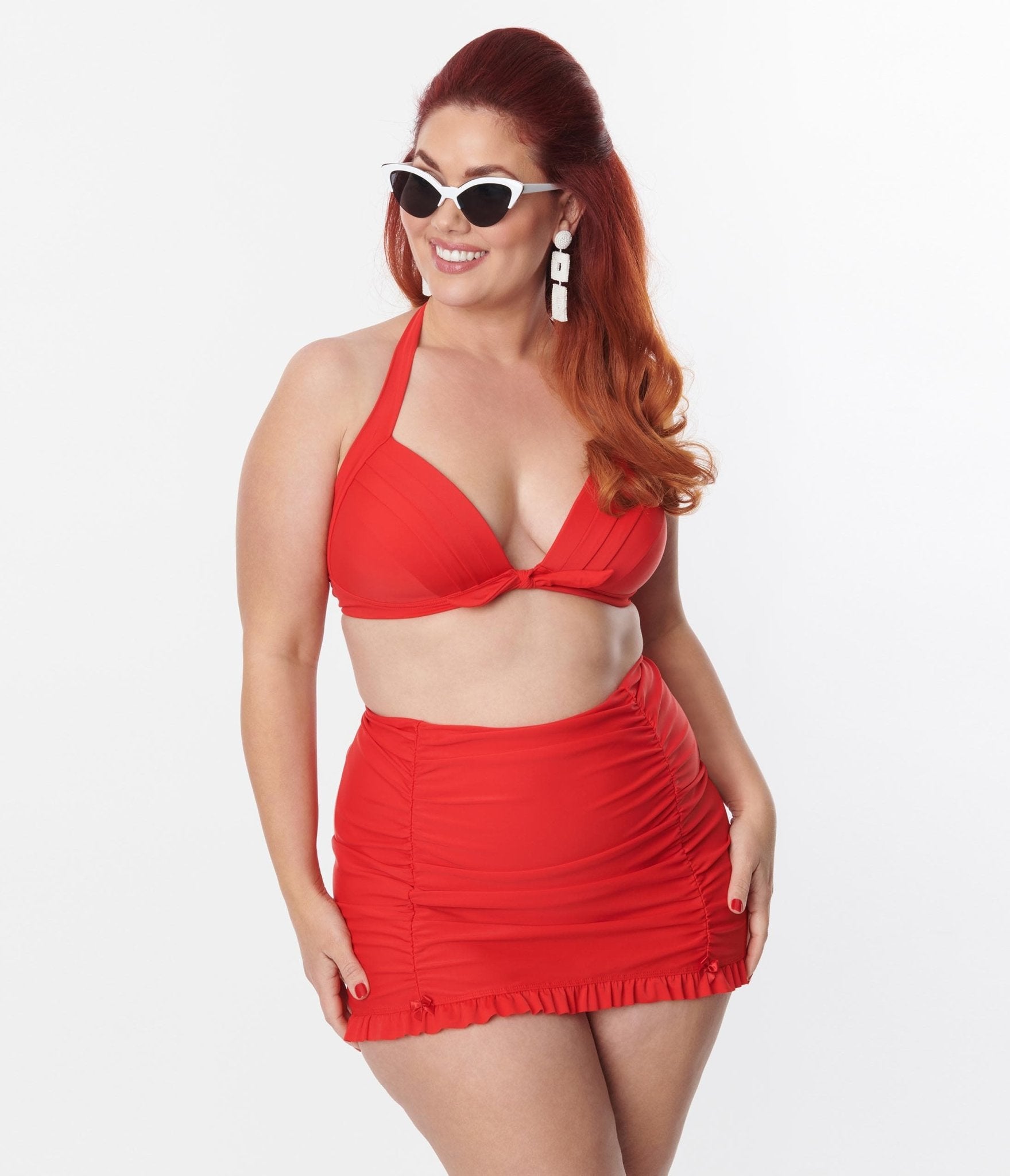 Unique Vintage Plus Size Red Drawstring Ruffle Skirt