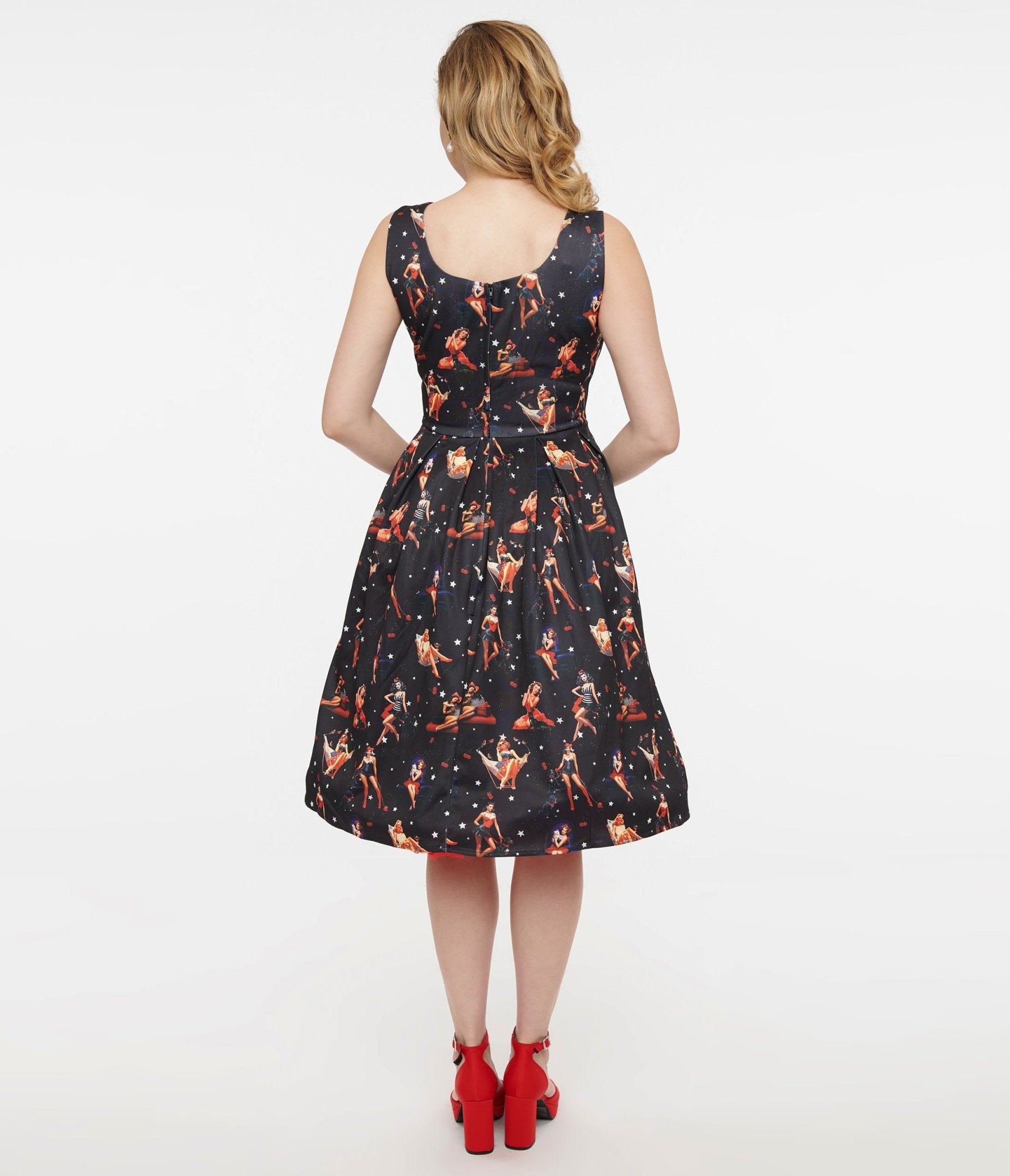 Dolly & Dotty 1950s Black & Pinup Print Amanda Swing Dress