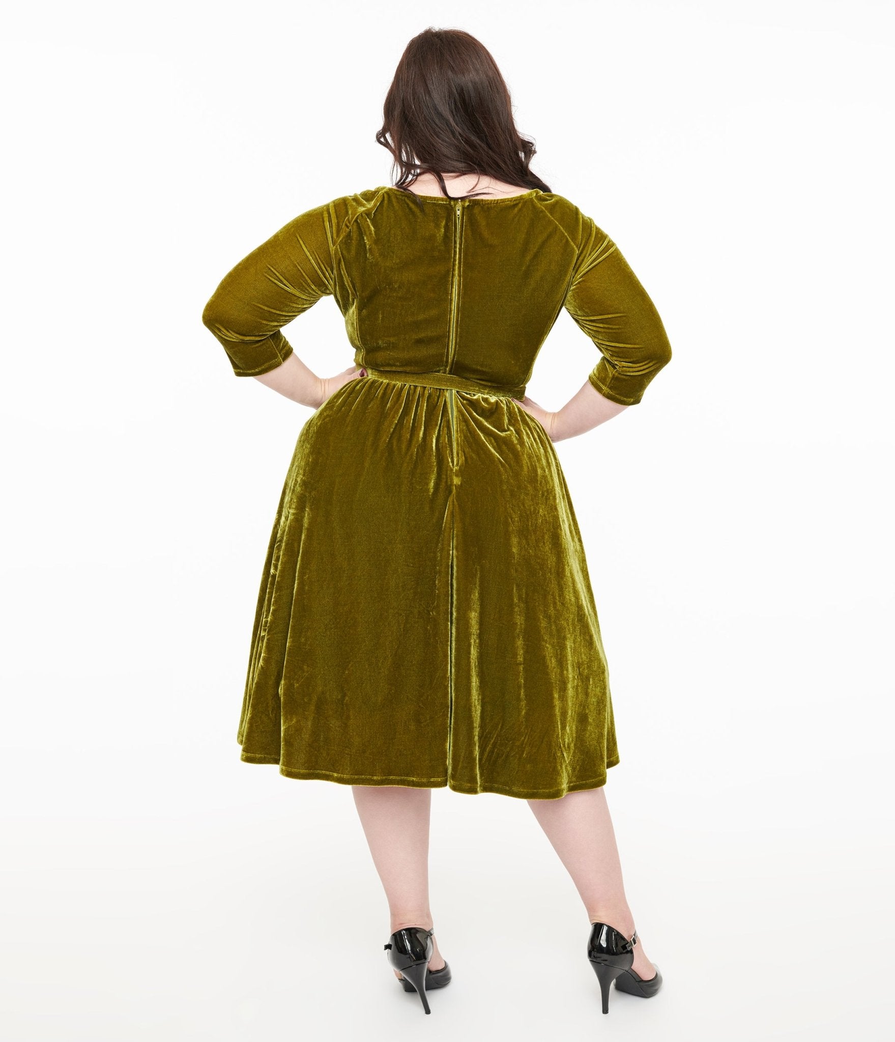 Unique Vintage Plus Size 1950s Chartreuse Velvet Sweetheart Swing Dress