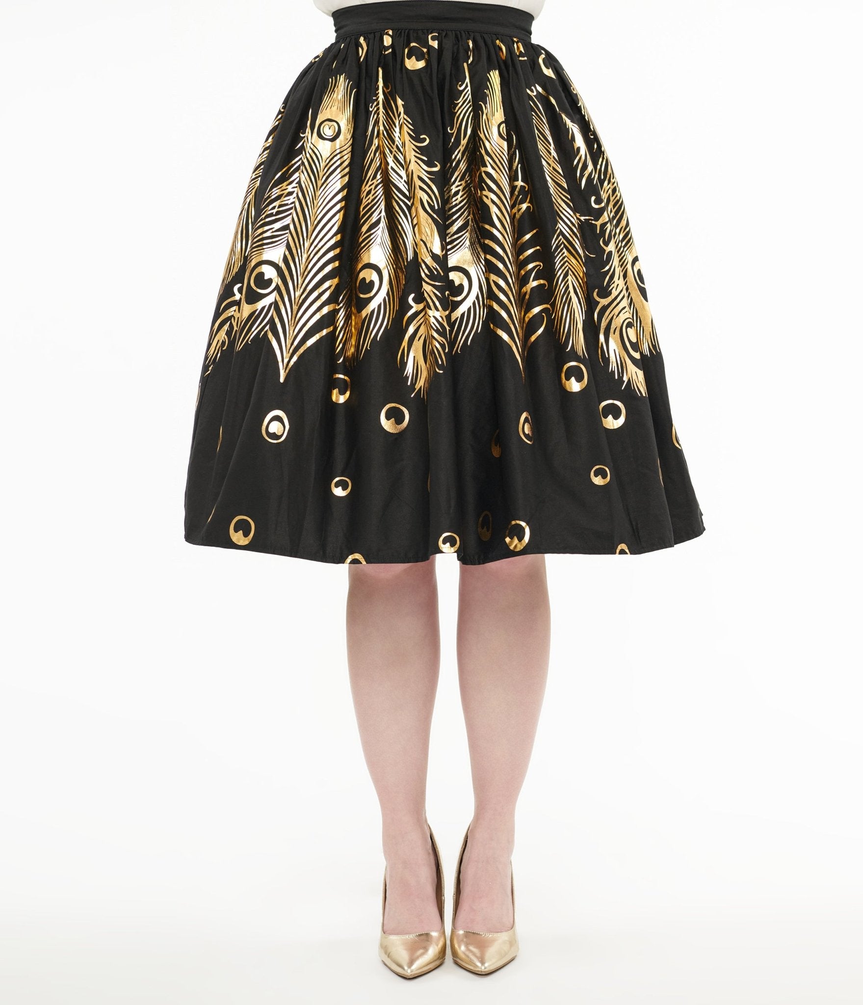 Unique Vintage 1950s Black & Gold Foil Feather Gellar Swing Skirt