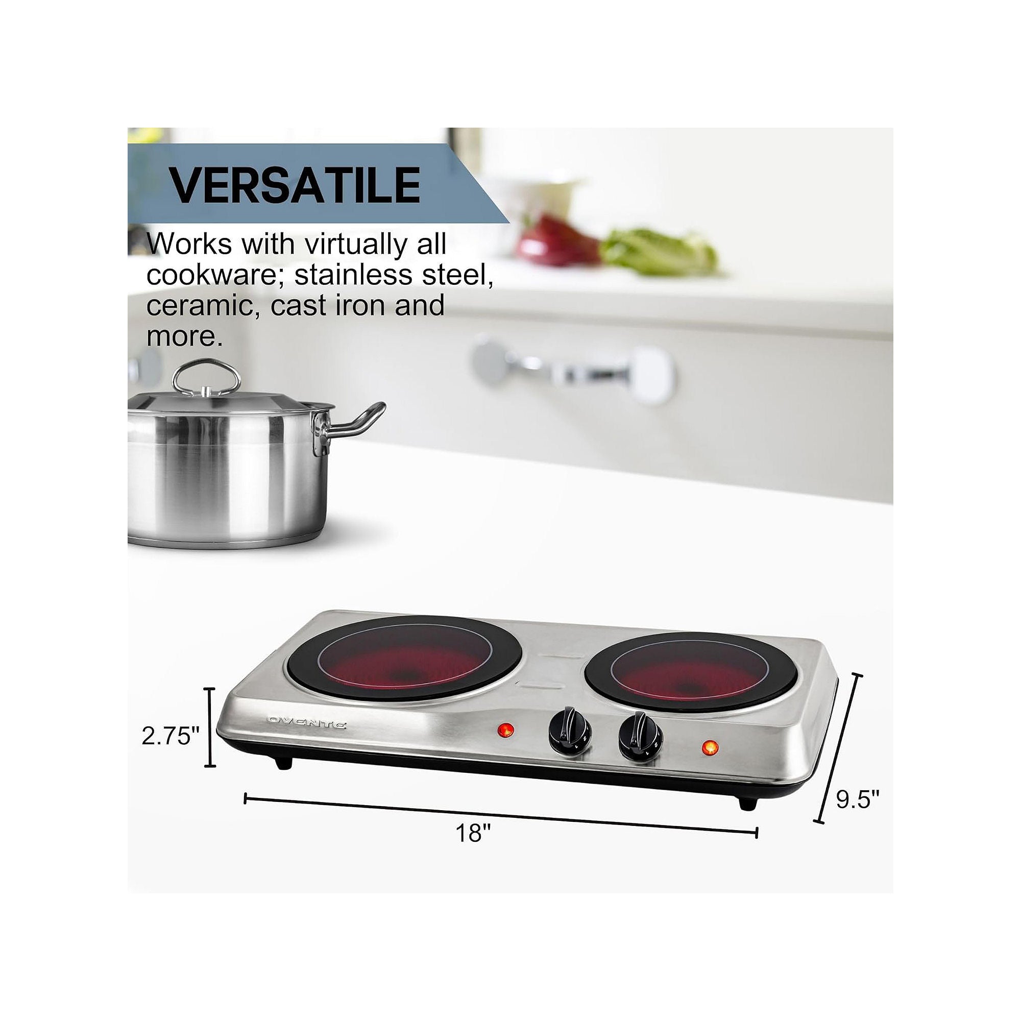 Ovente BGI102S Countertop Burner, Infrared Ceramic Glass Double Plate Cooktop, Indoor and Outdoor Portable Stove, 1700 Watts