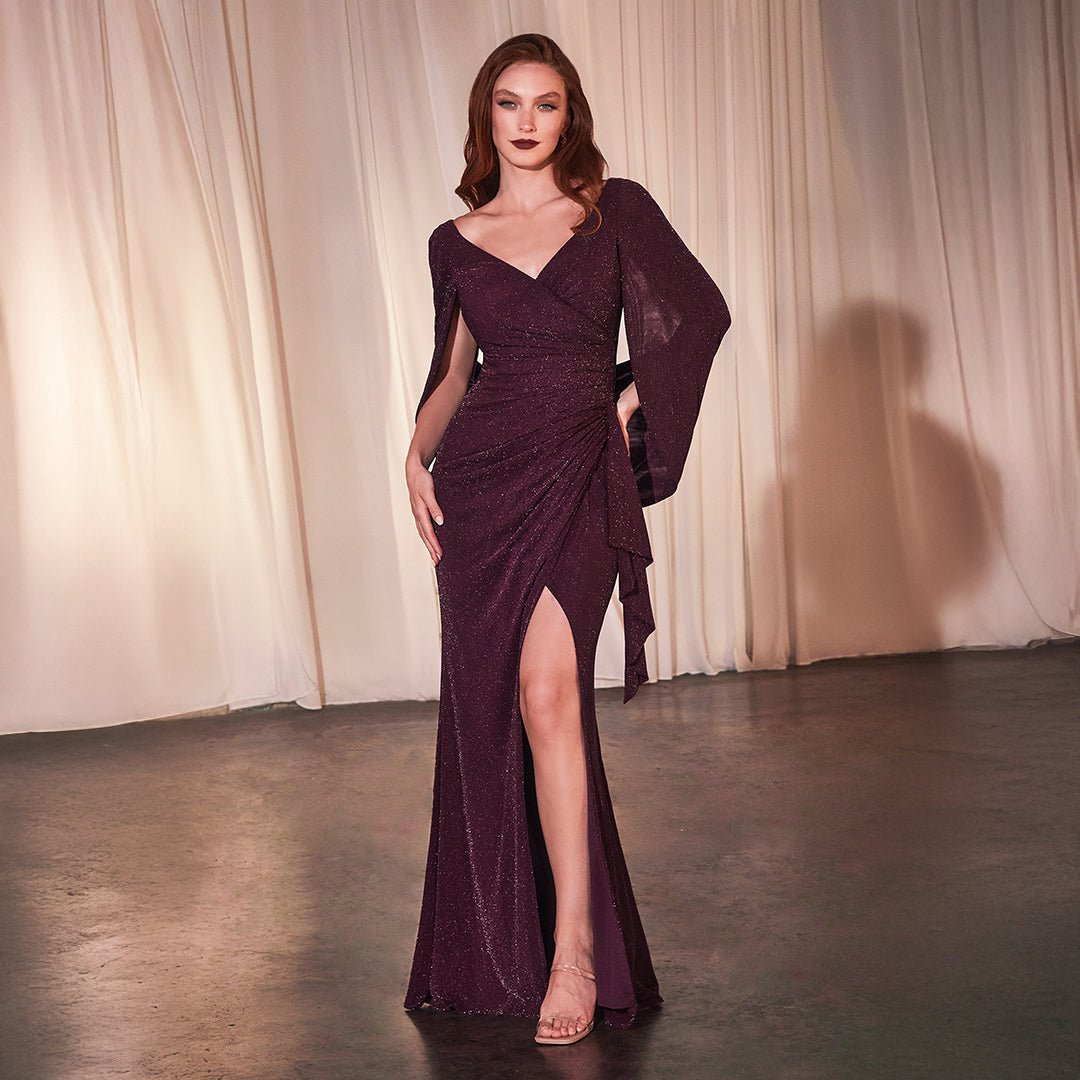 Ladivine by Cinderella Divine Wine Sparkle Cape Slit Bridesmaids Gown