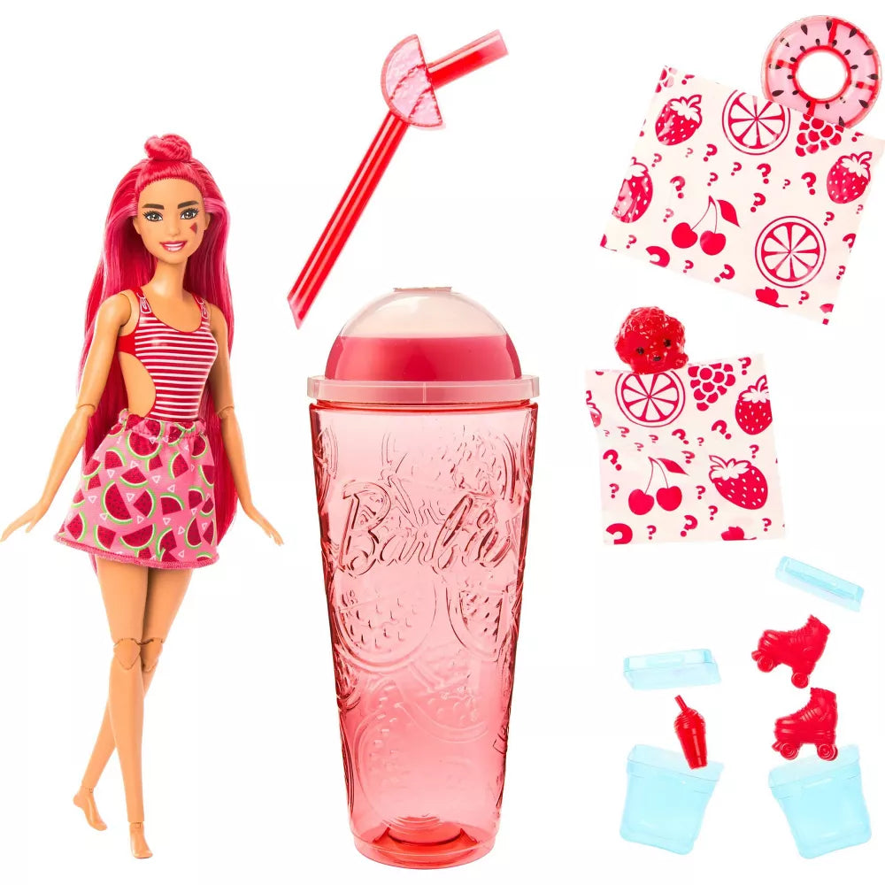 Mattel HNW43 Barbie Pop Reveal Fruit Series Watermelon Crush Doll, 8 Surprises Include Pet, Slime, Scent & Color Change