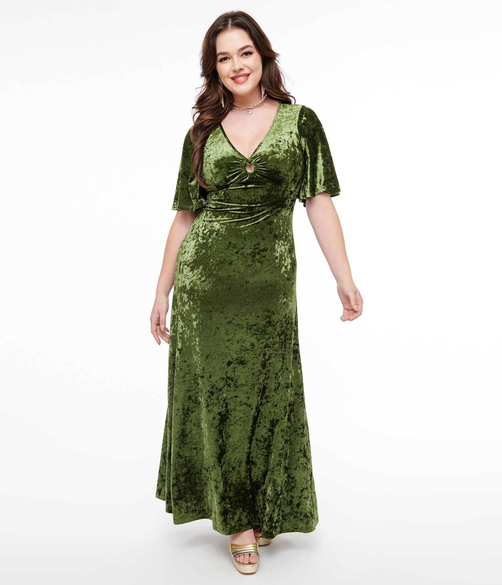 Smak Parlour 1970s Mossy Green Velvet Cutout Maxi Dress