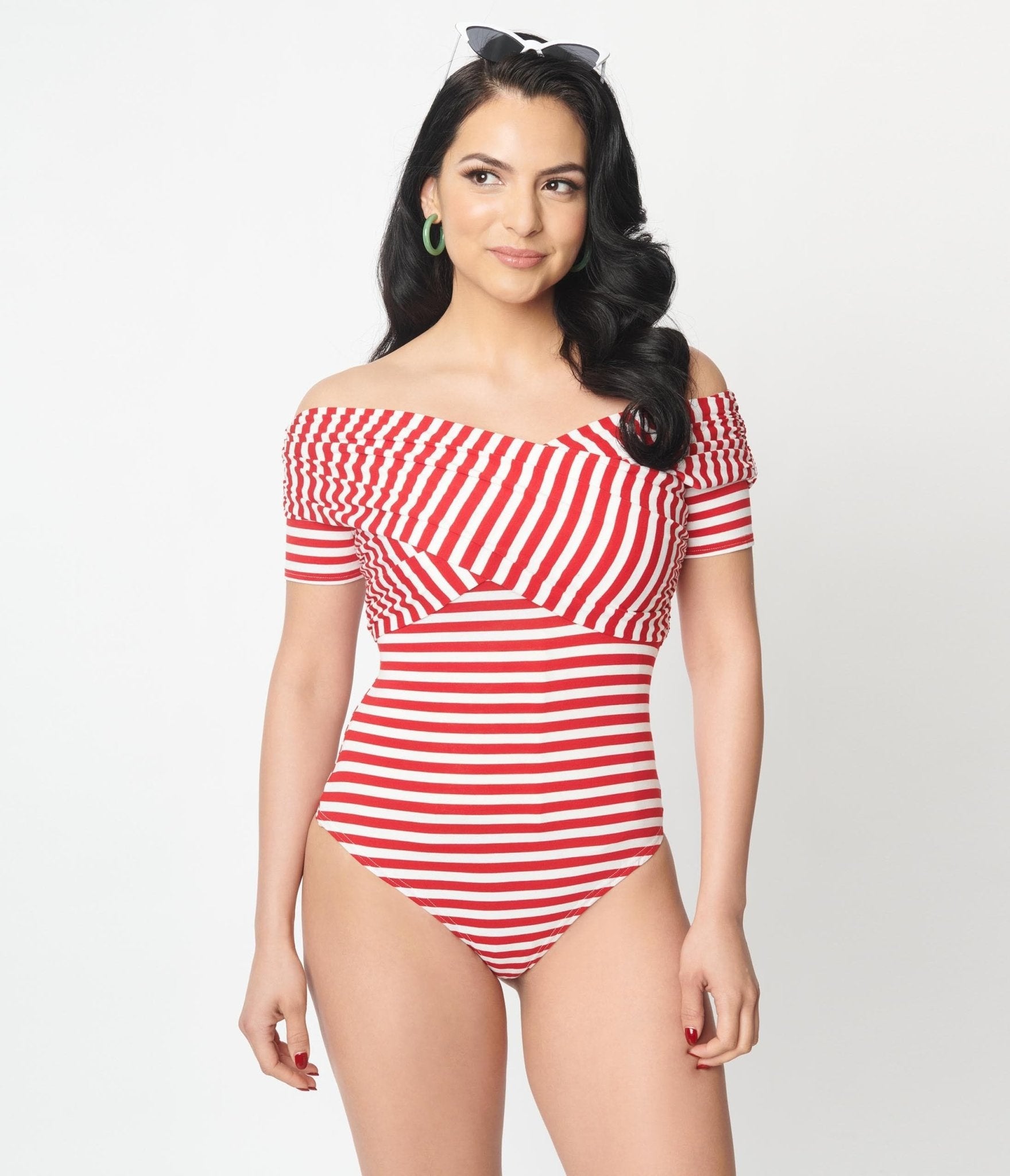 Unique Vintage Red & White Striped Off Shoulder Daydreamer Bodysuit