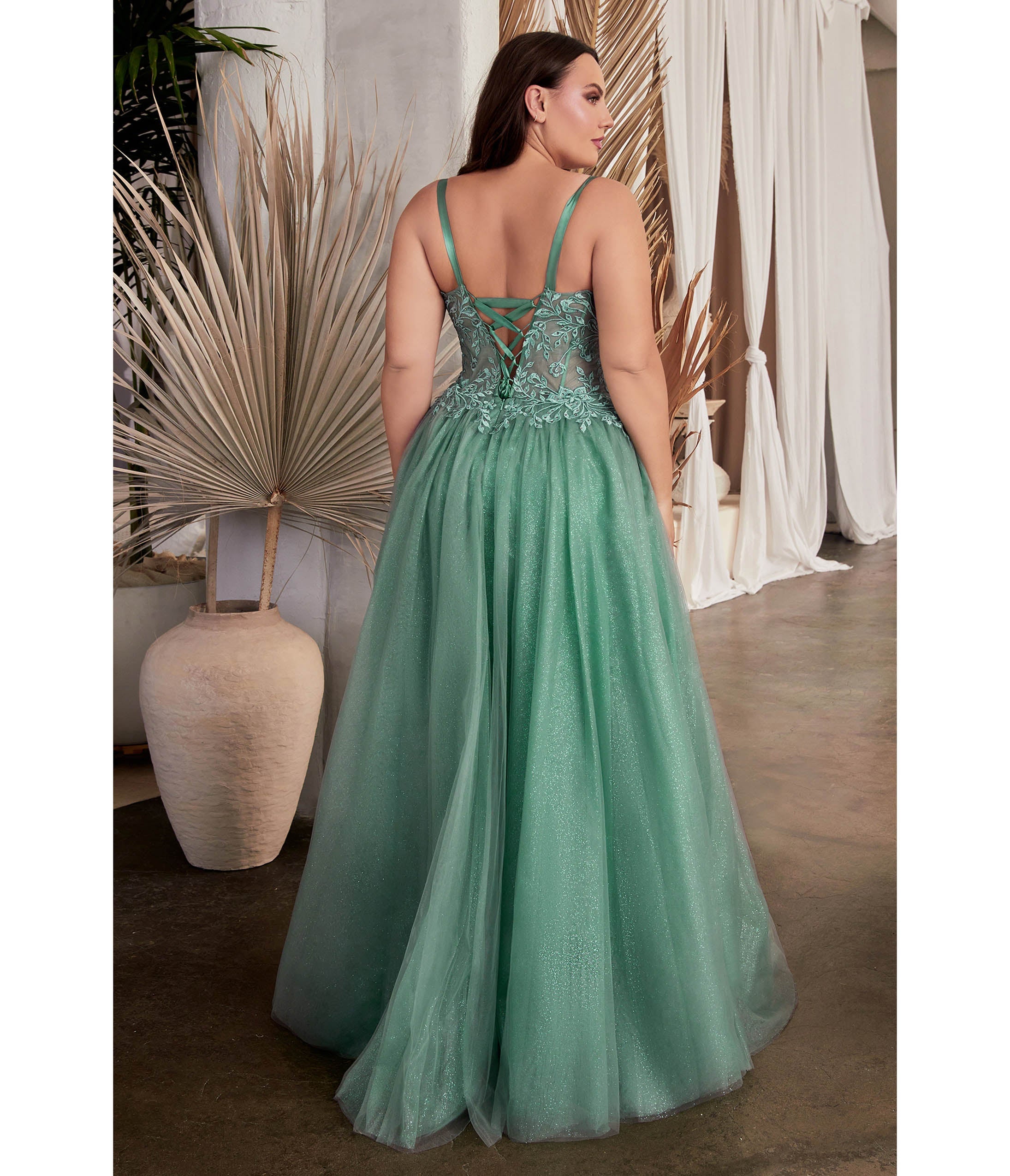 Ladivine by Cinderella Divine Plus Size Dusty Teal Foliage Applique Corset Tulle Gown