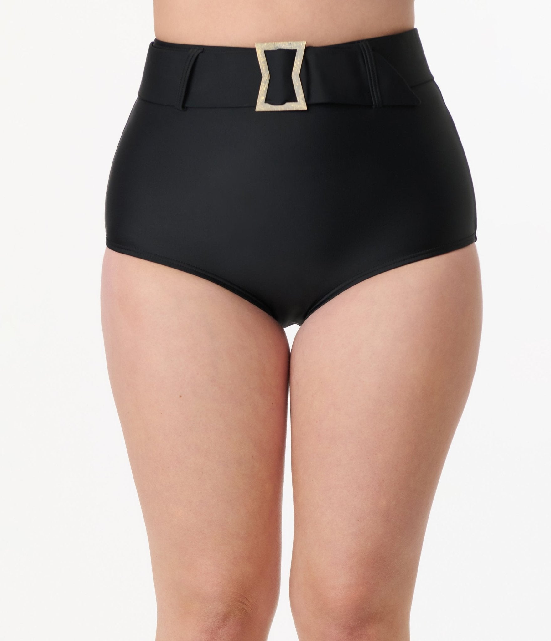 Unique Vintage Black High Waist Belted Swim Bottom