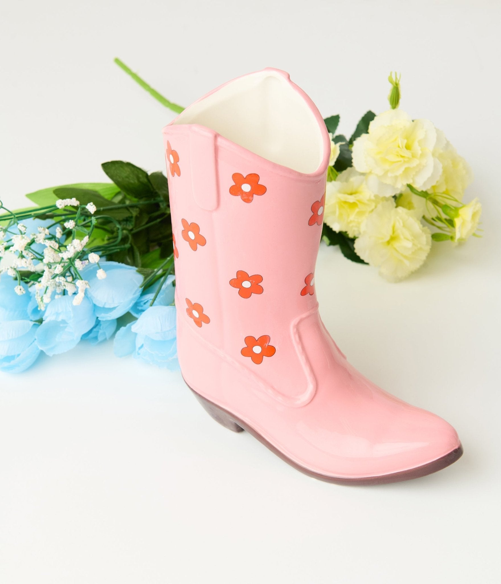 Pink Floral Ceramic Cowboy Boot Vase