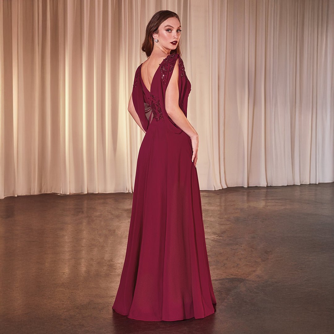 Ladivine by Cinderella Divine Burgundy Chiffon Split Sleeve Prom Gown