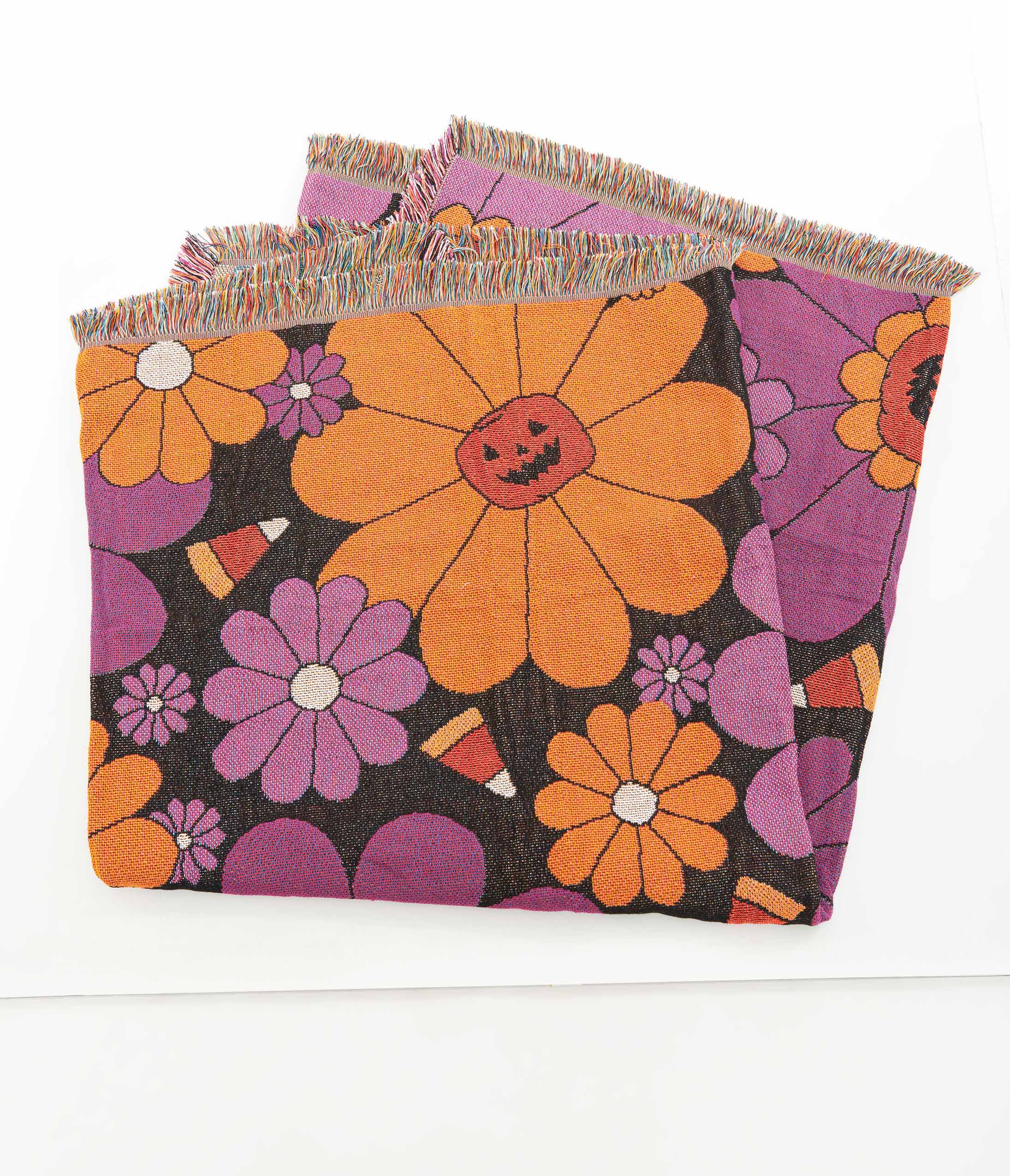 Smak Parlour Groovy Pumpkin Floral Fringe Blanket