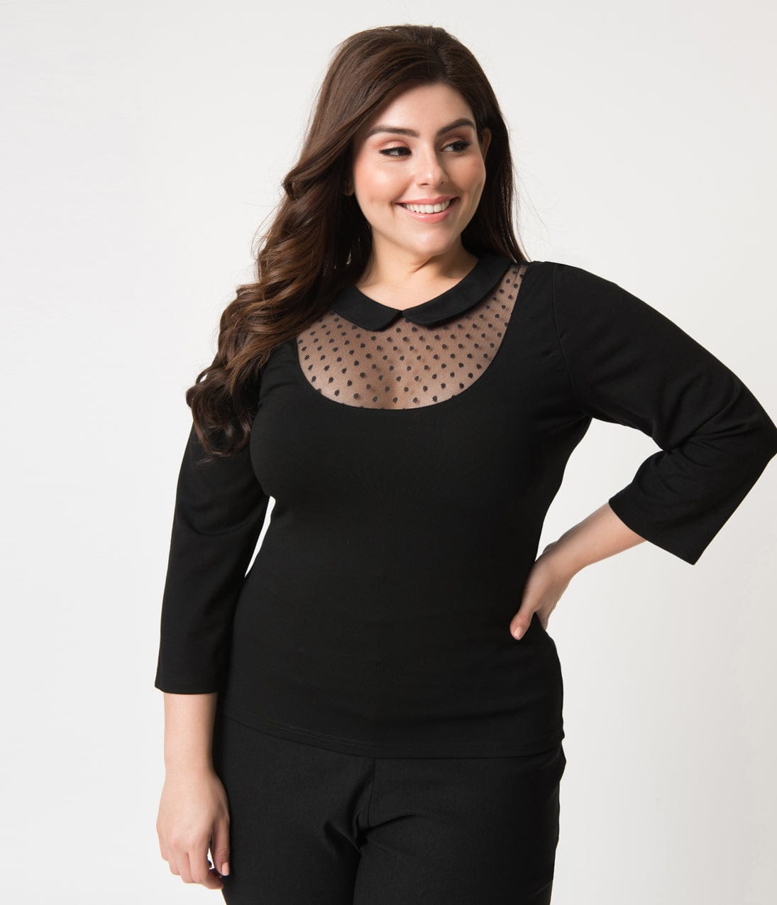 Unique Vintage Plus Size Black Mesh & Swiss Dot Stretch Knit Fitz Top