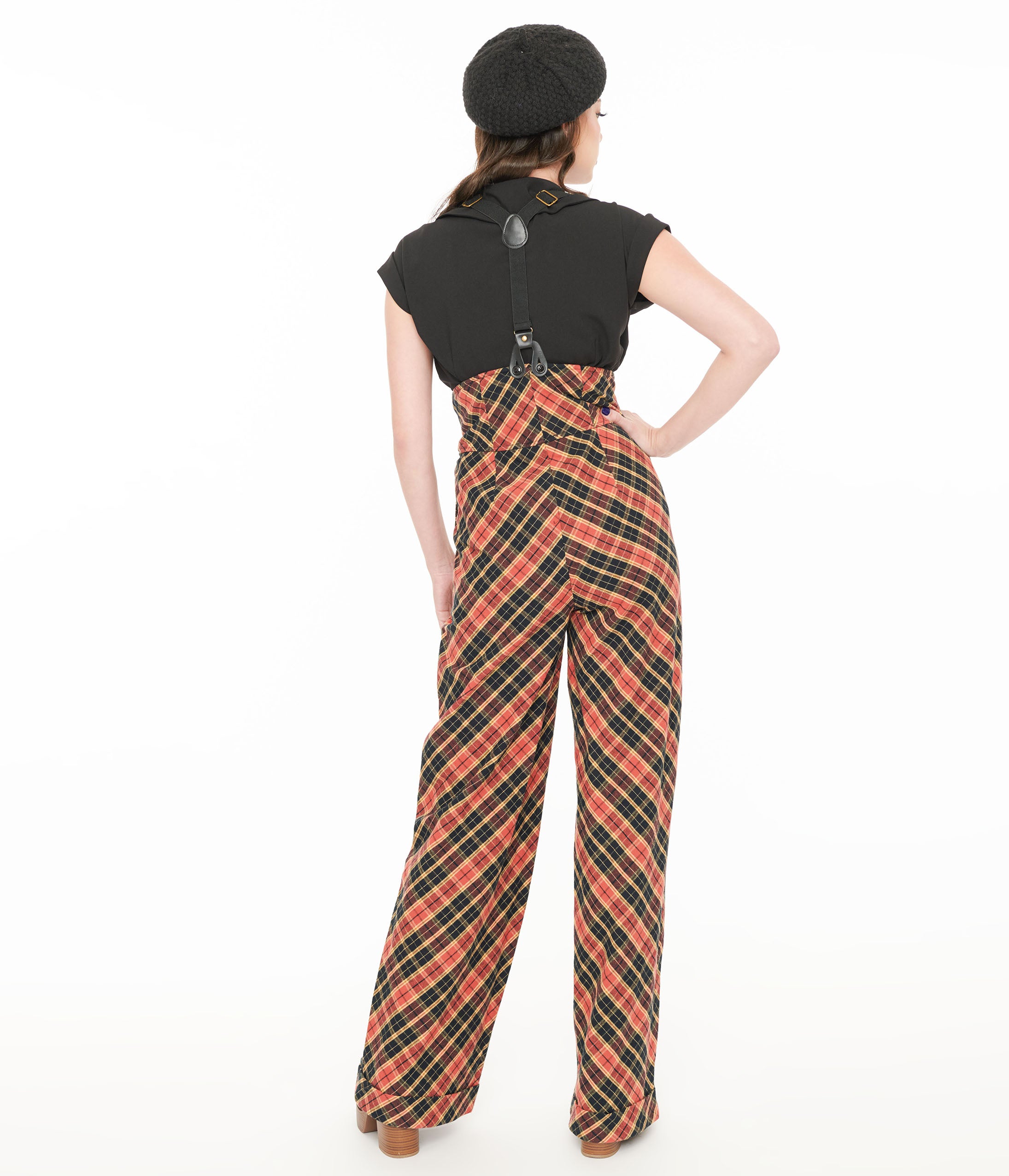 Unique Vintage 1930s Black & Rust Plaid Thelma Suspender Pants