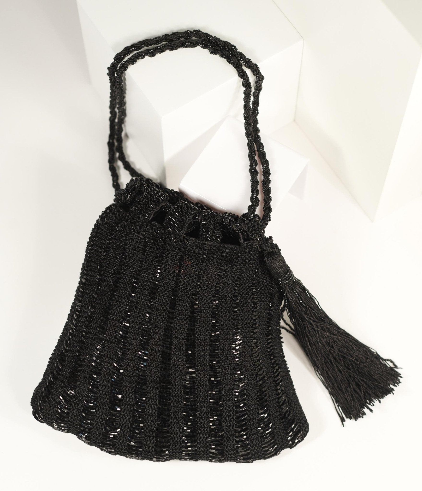 1920s Style Black Beaded & Crochet Tassel Purse