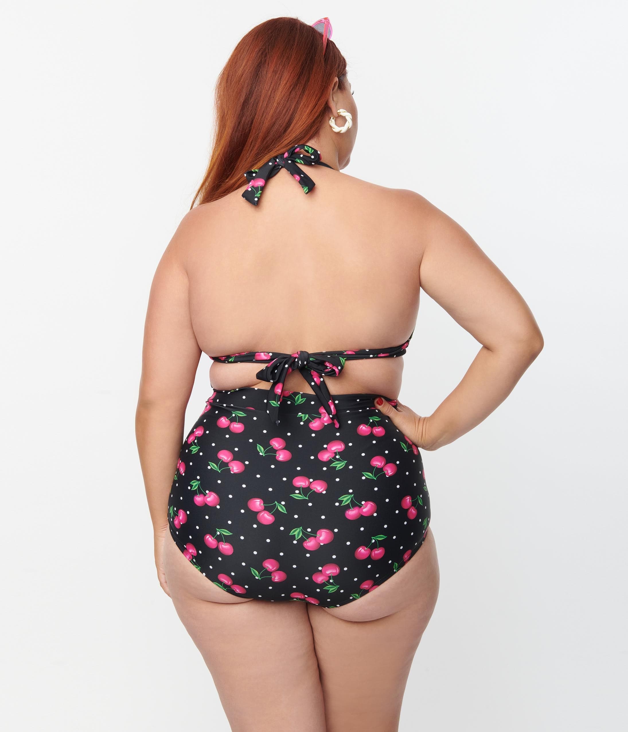 Unique Vintage Plus Size Black & Hot Pink Cherry Pin Dot Monroe Swim Top