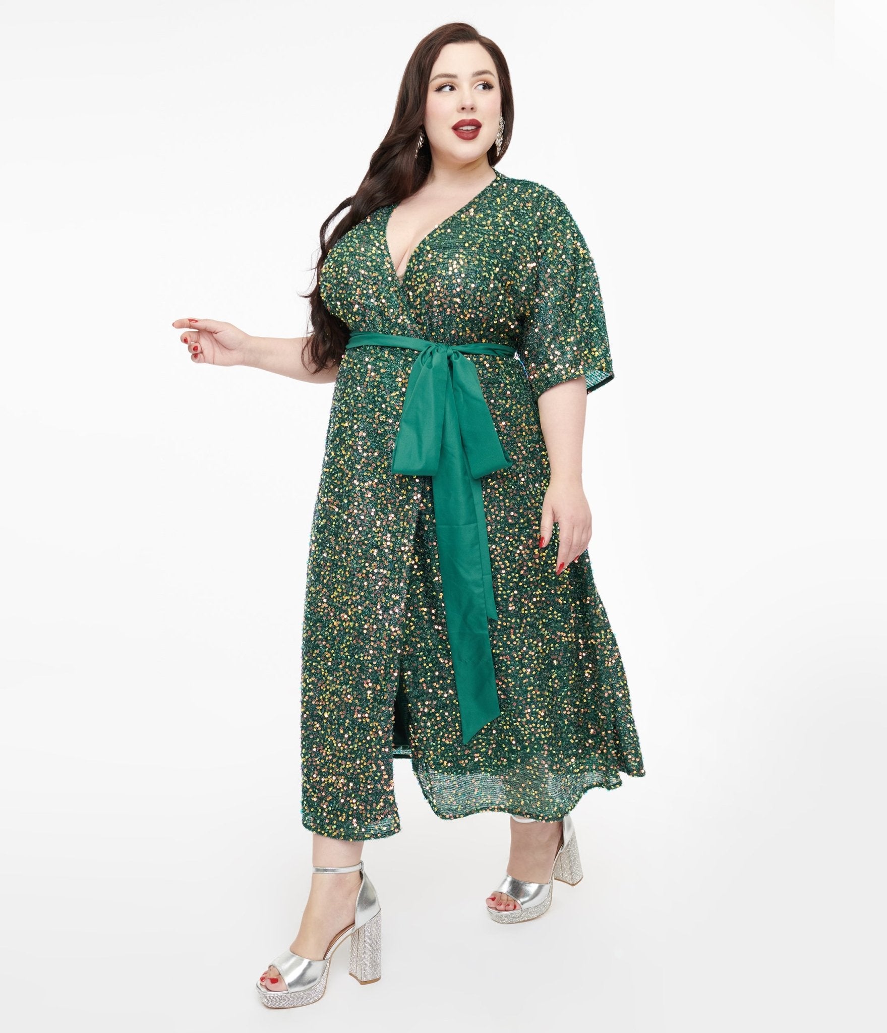 Unique Vintage Plus Size 1960s Green Sequin Wrap Midi Dress