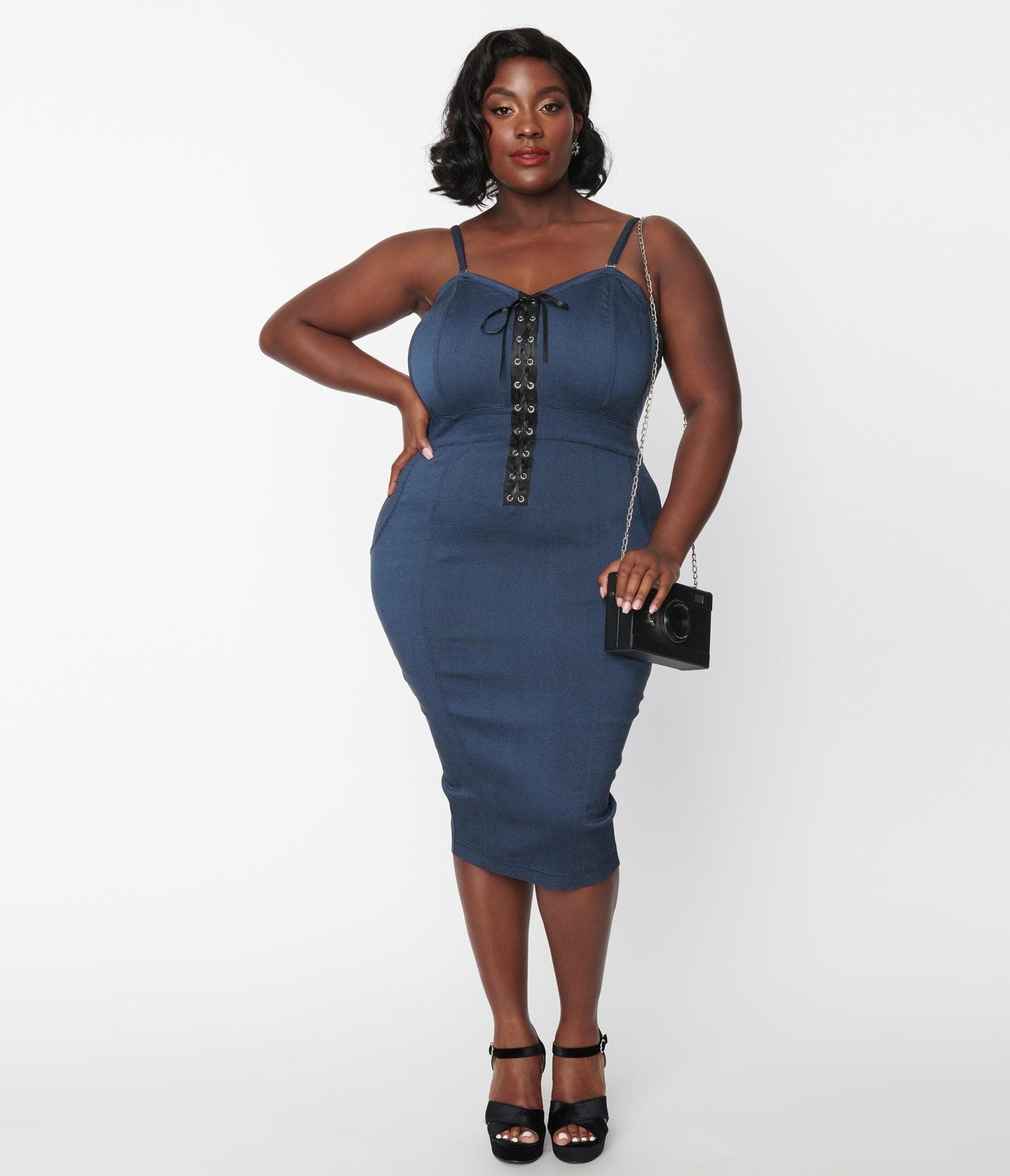 Unique Vintage Plus Size Dark Denim Corset Ellison Wiggle Dress