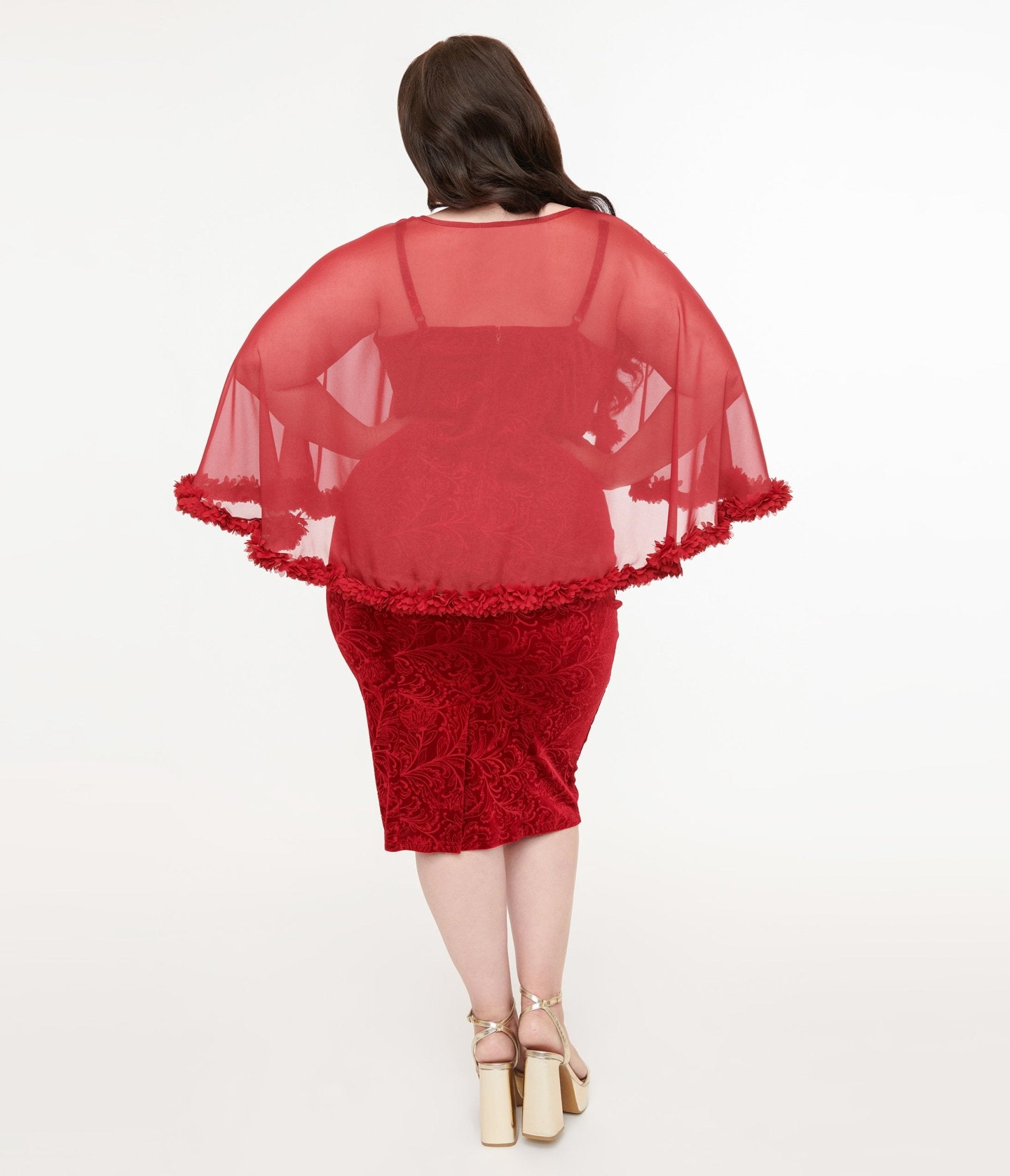 Unique Vintage Plus Size 1960s Red Velvet Ruffle Capelet Wiggle Dress