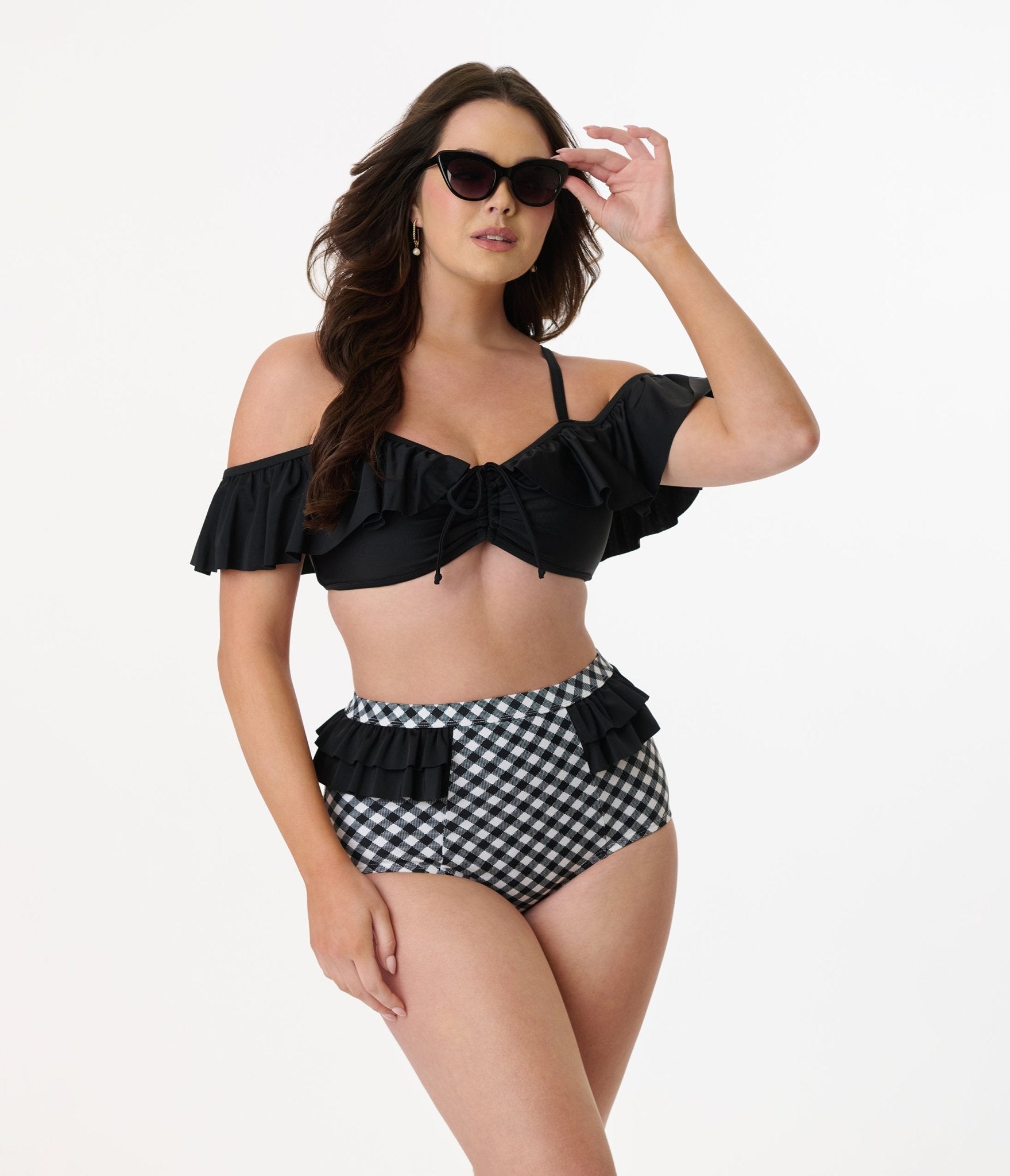 Unique Vintage Black & White Gingham Ruffle Swim Bottom