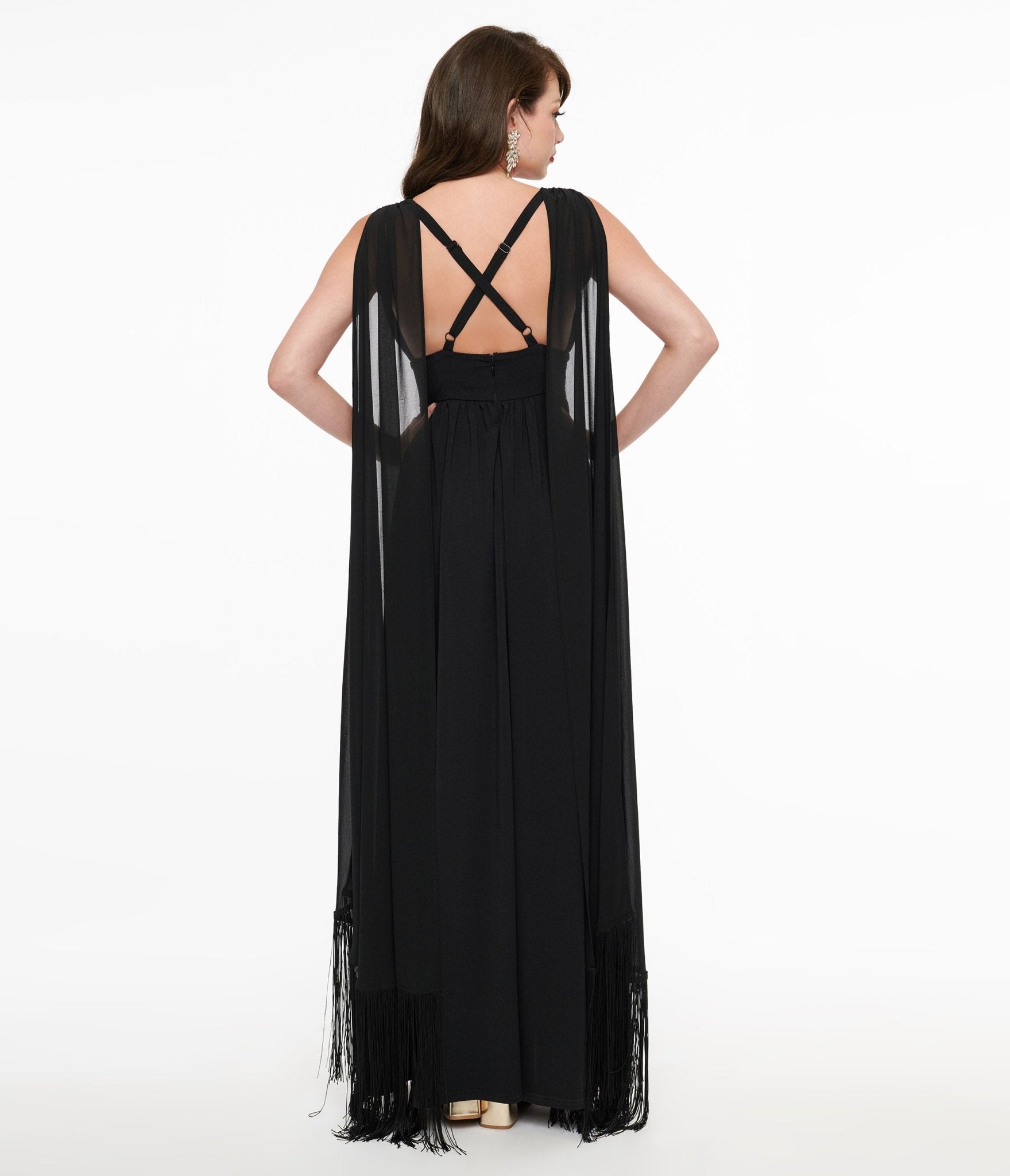 Smak Parlour 1970s Black Fringe Cape Maxi Dress