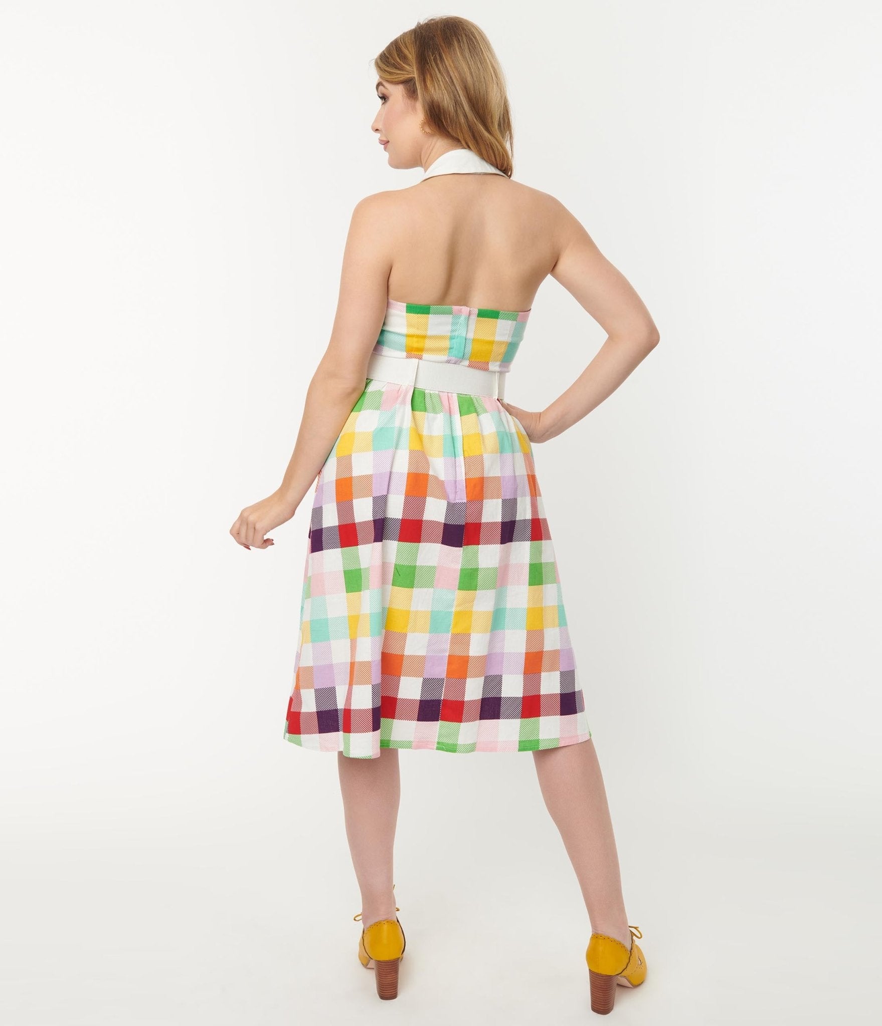 Collectif Rainbow Checkered Halter Waverly Swing Dress