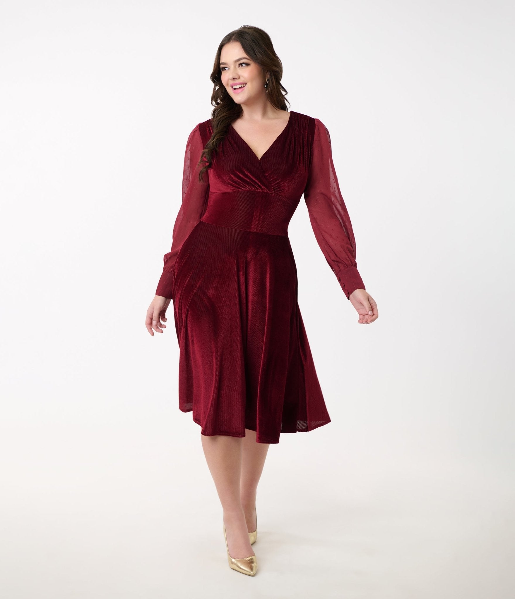 Unique Vintage 1950s Berry Velvet Sheer Sleeve Delores Swing Dress