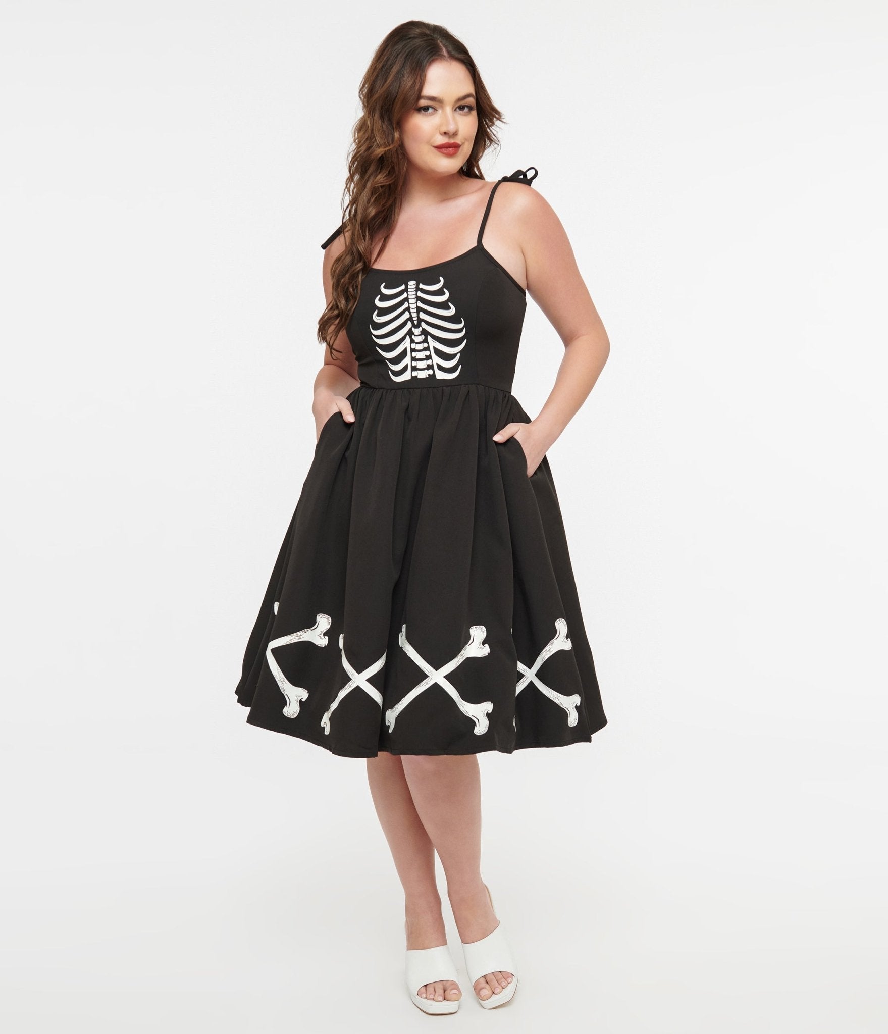 Unique Vintage 1950s Black & Glow in the Dark Skeleton Bobbie Swing Dress