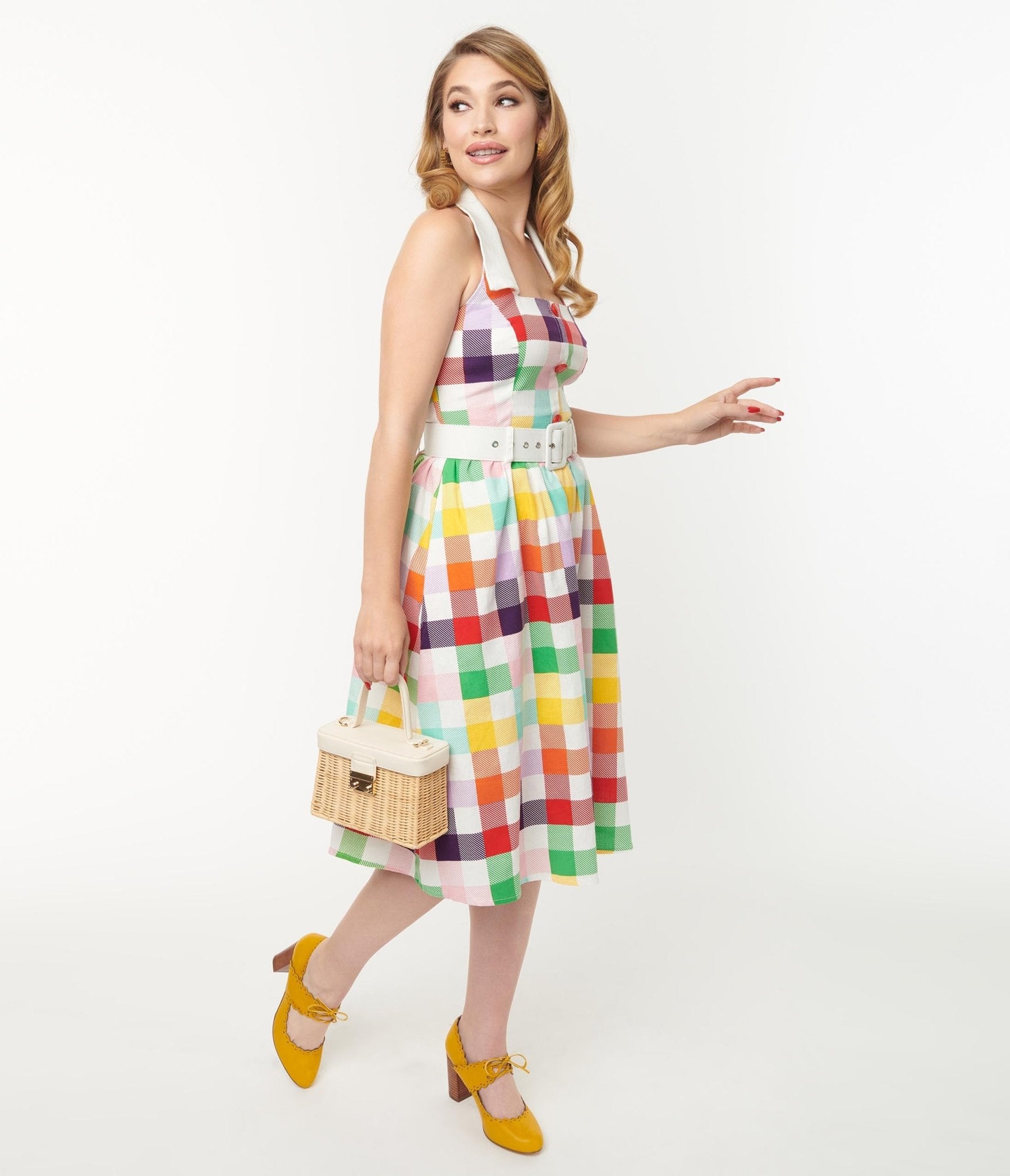 Collectif Rainbow Checkered Halter Waverly Swing Dress