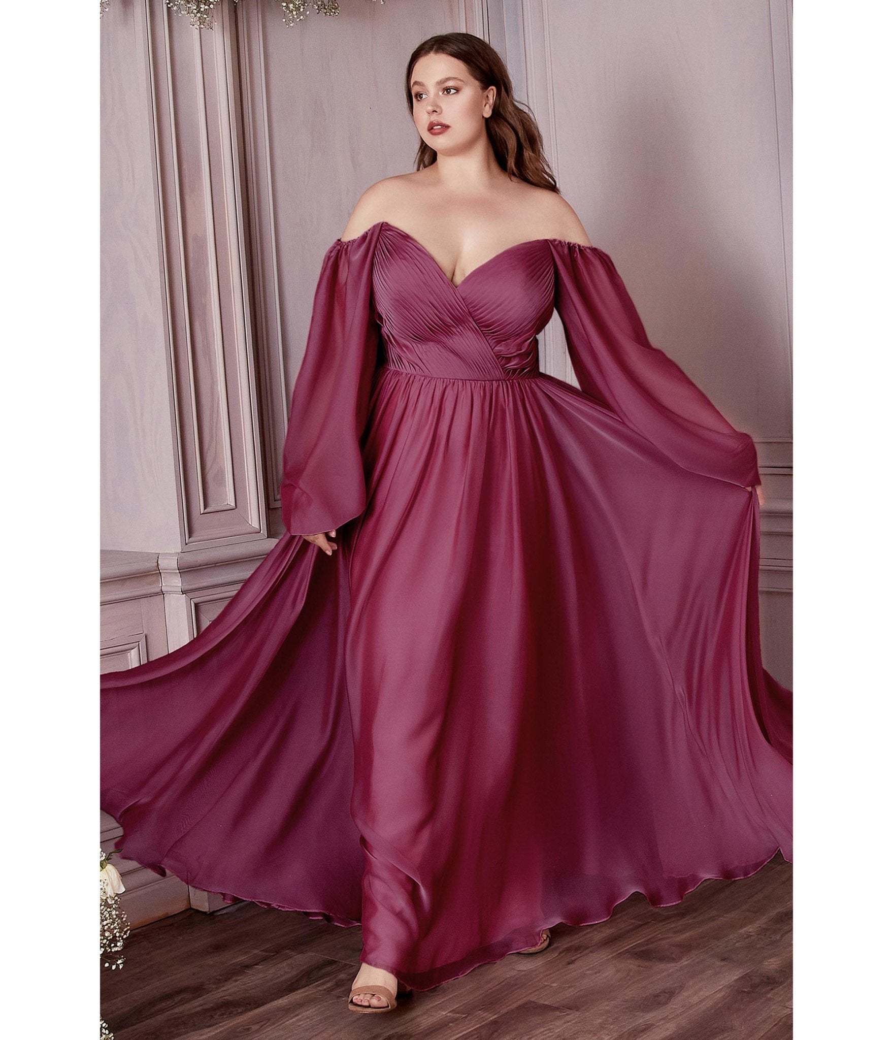 Ladivine by Cinderella Divine Plus Size Rouge Chiffon Sweetheart Bridesmaid Goddess Gown