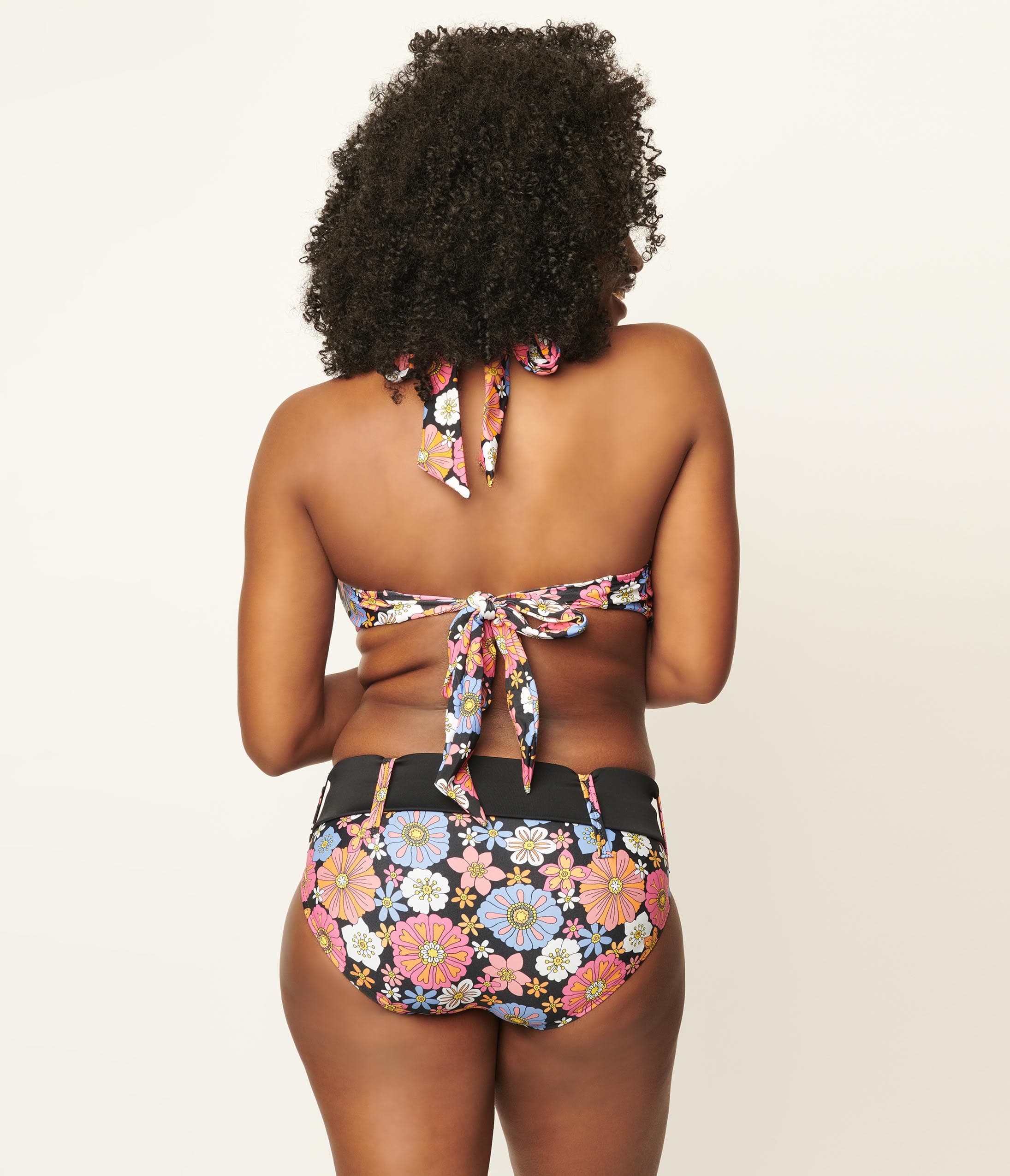 Unique Vintage Pink & Blue Floral Print Belted Sunsational Swim Bottom