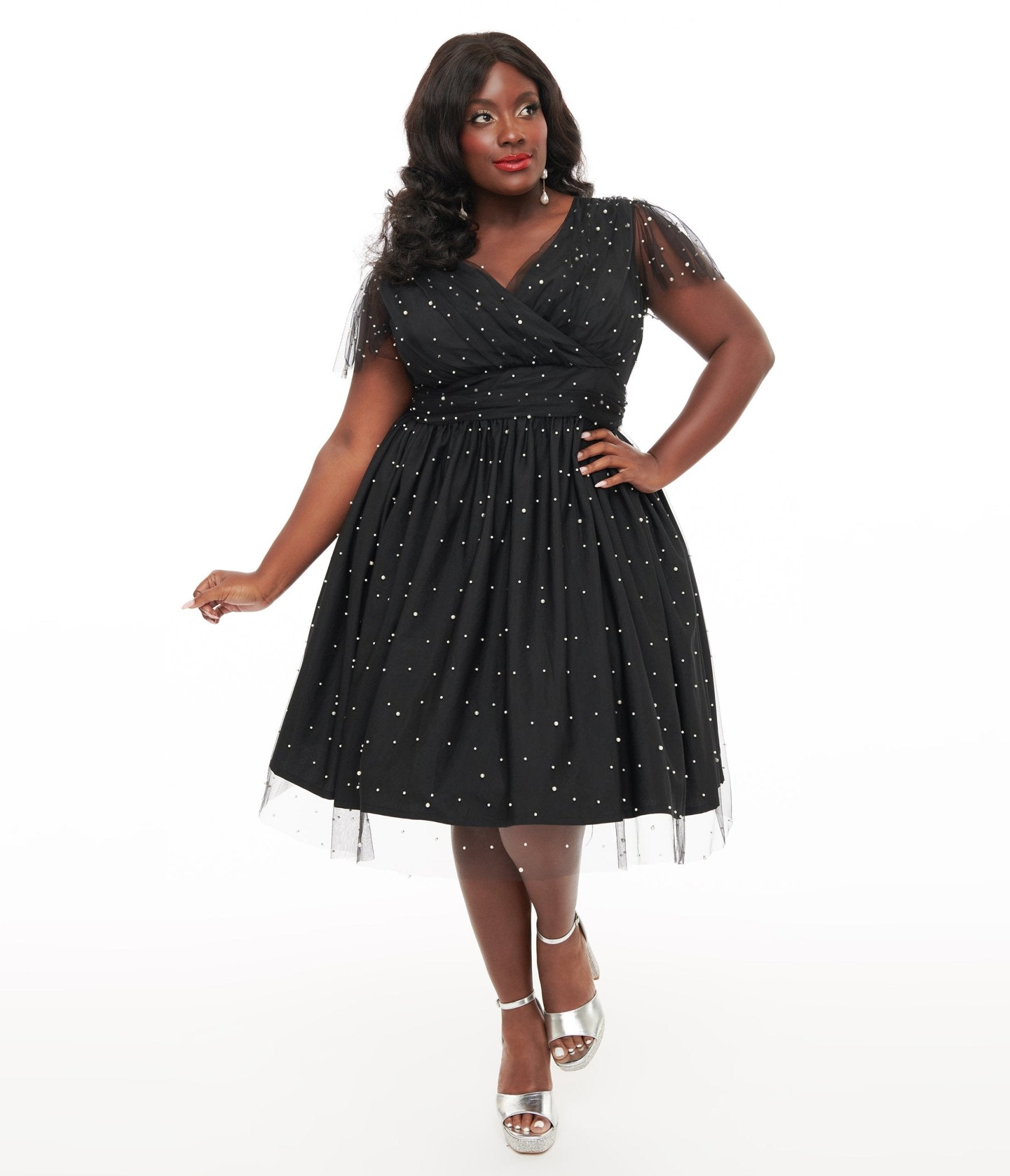 Magnolia Place Plus Size 1950s Black Faux Pearl Swing Dress