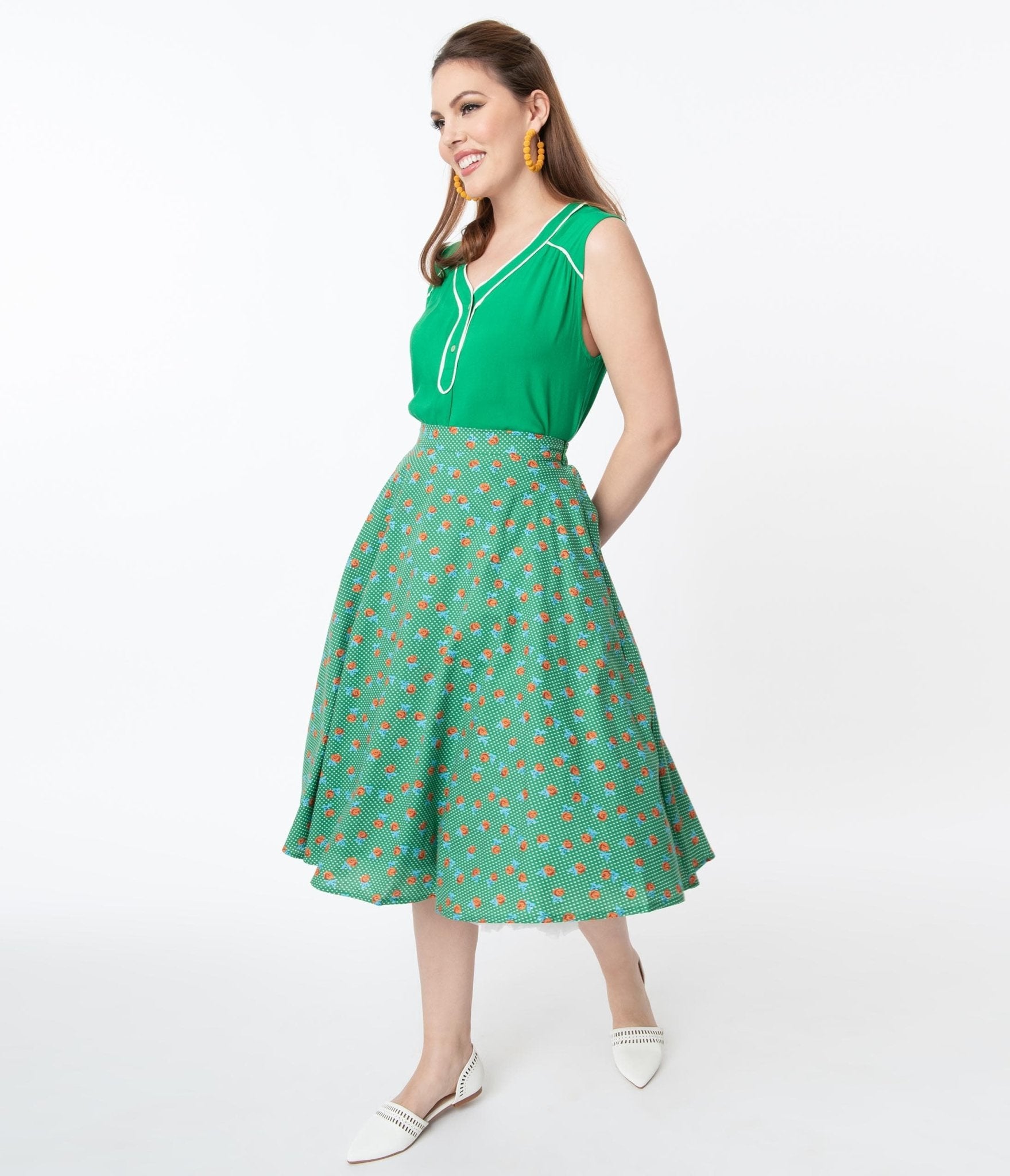 Vintage Style Green Dotted & Red Floral Swing Skirt