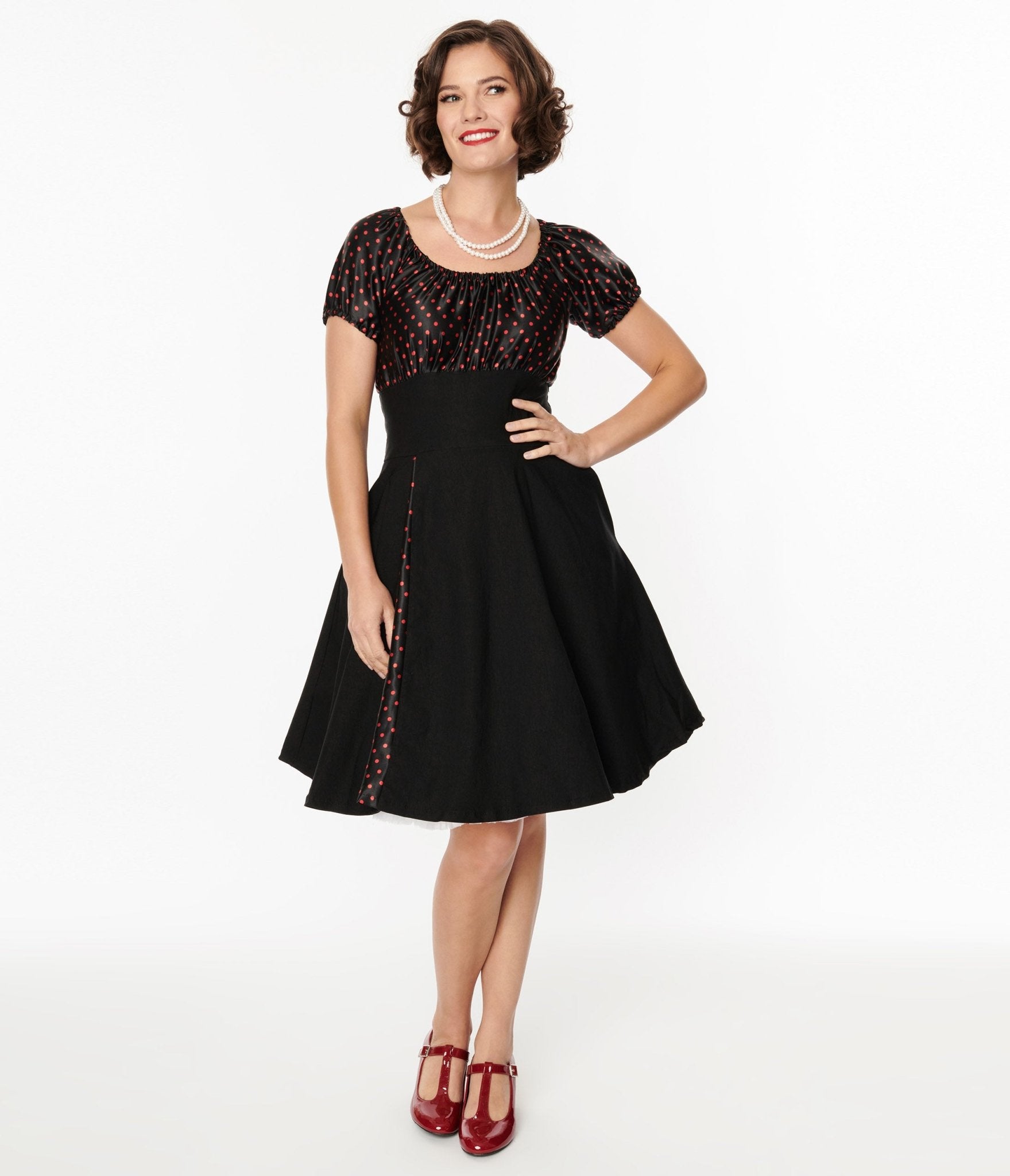 1940s Black & Red Polka Dot Romie Flare Dress