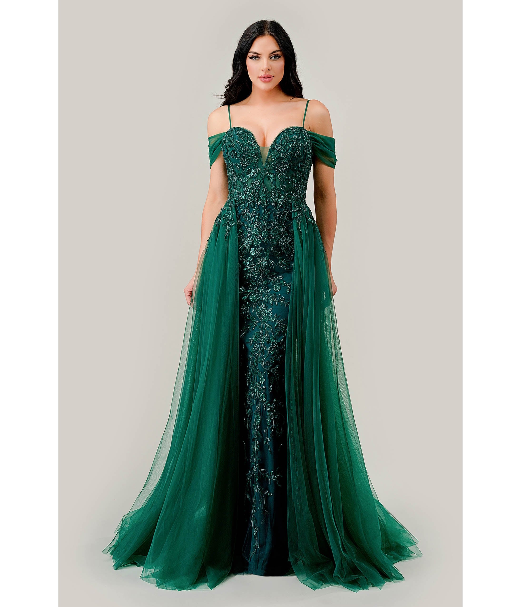 Ladivine by Cinderella Divine Emerald Off Shoulder Prom Gown