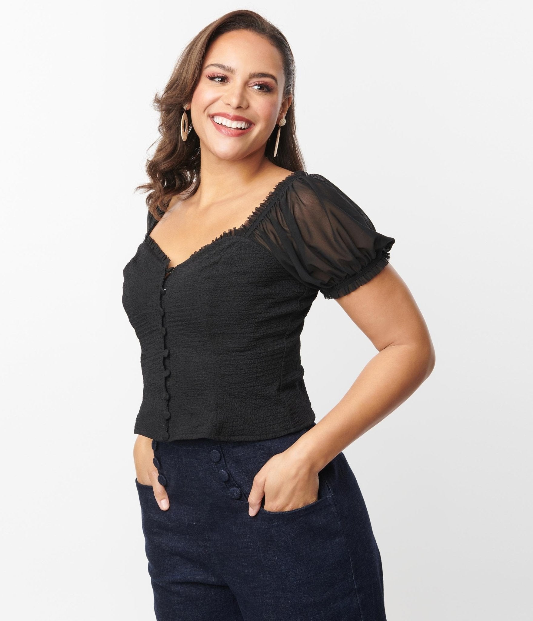 Unique Vintage Black Textured Sweetheart Puff Sleeve Top