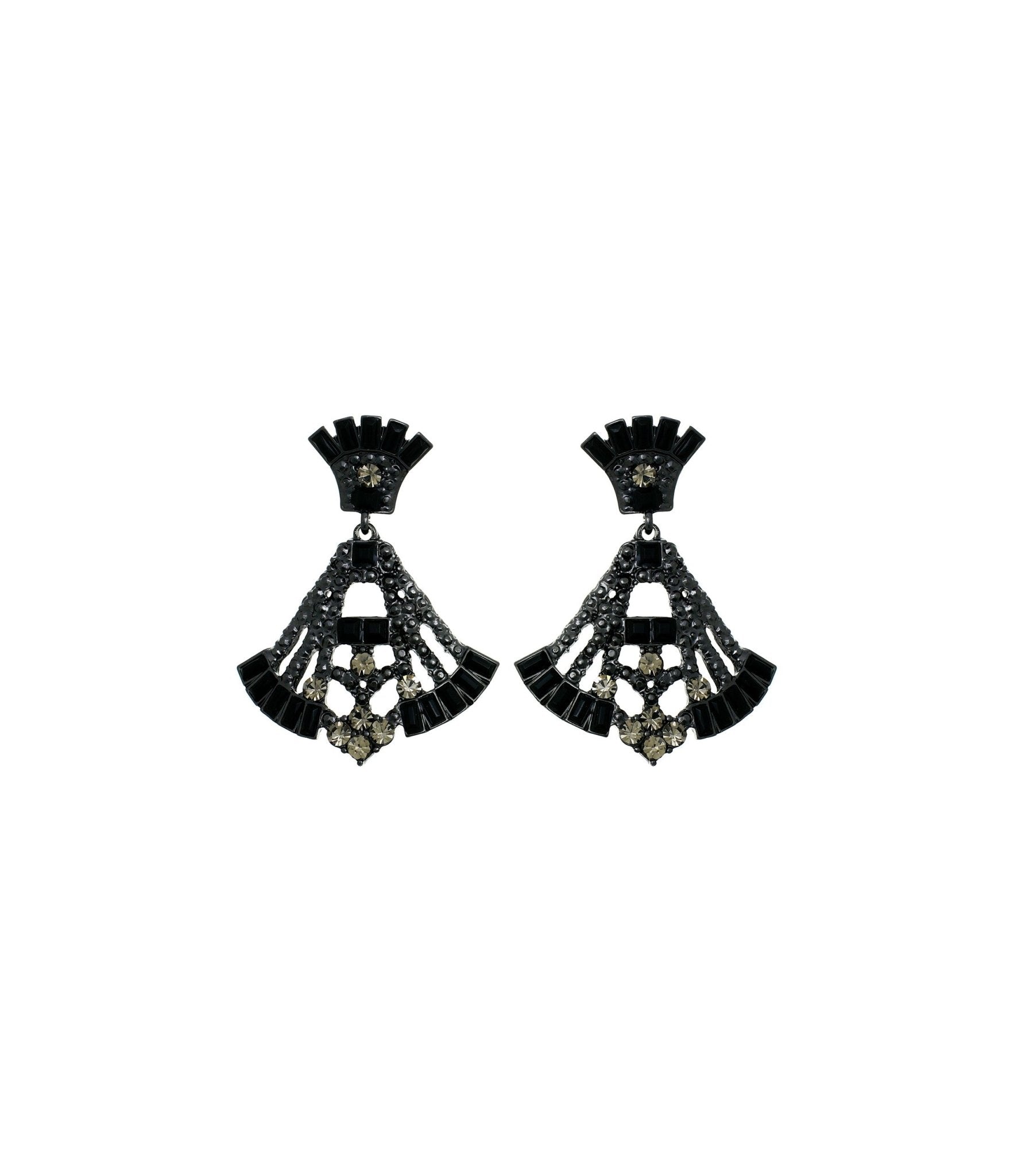 Deco Style Black Rhinestone Drop Fan Earrings