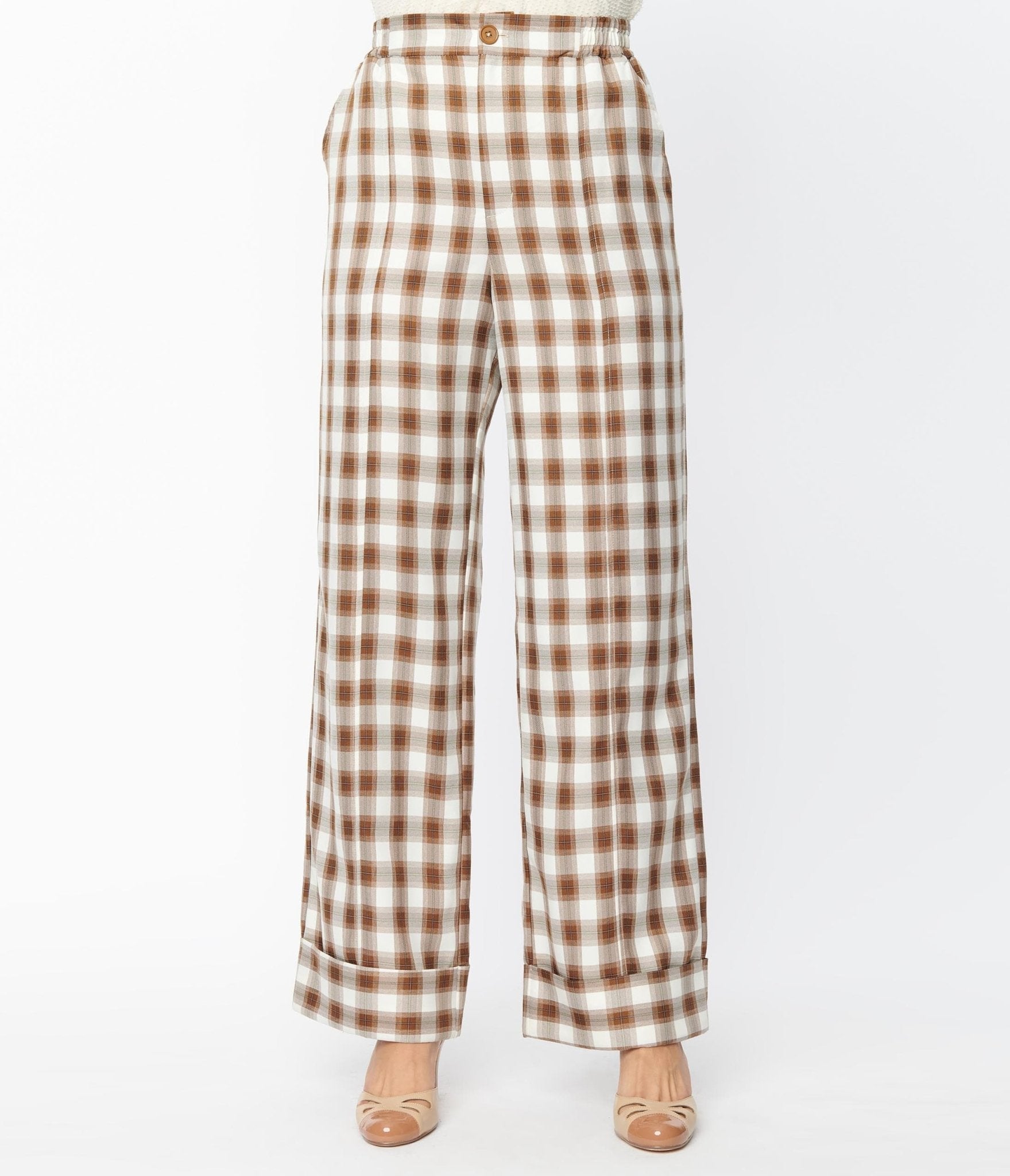 Unique Vintage 1940s Brown & Ivory Plaid Wide Cuff Pants