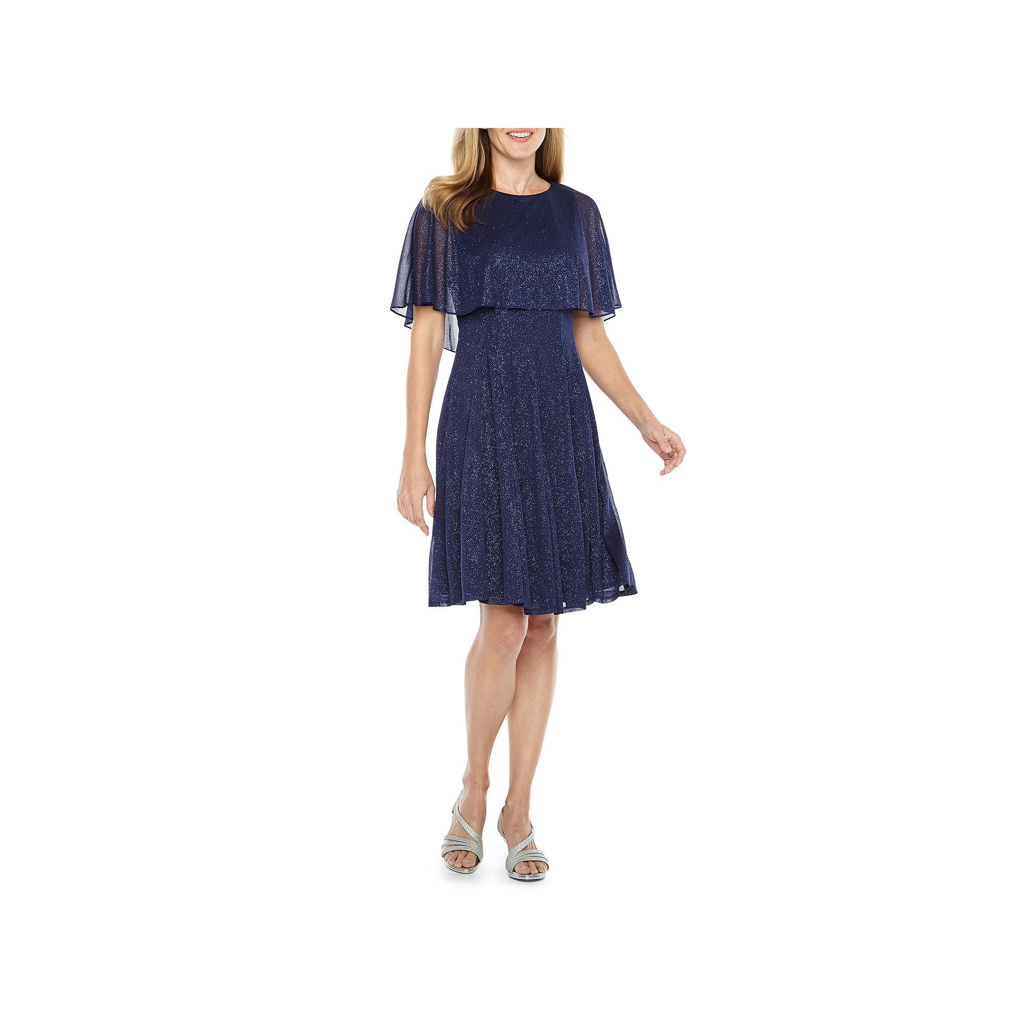 J Taylor Short Sleeve Cape Fit & Flare Dress - NAVY 4