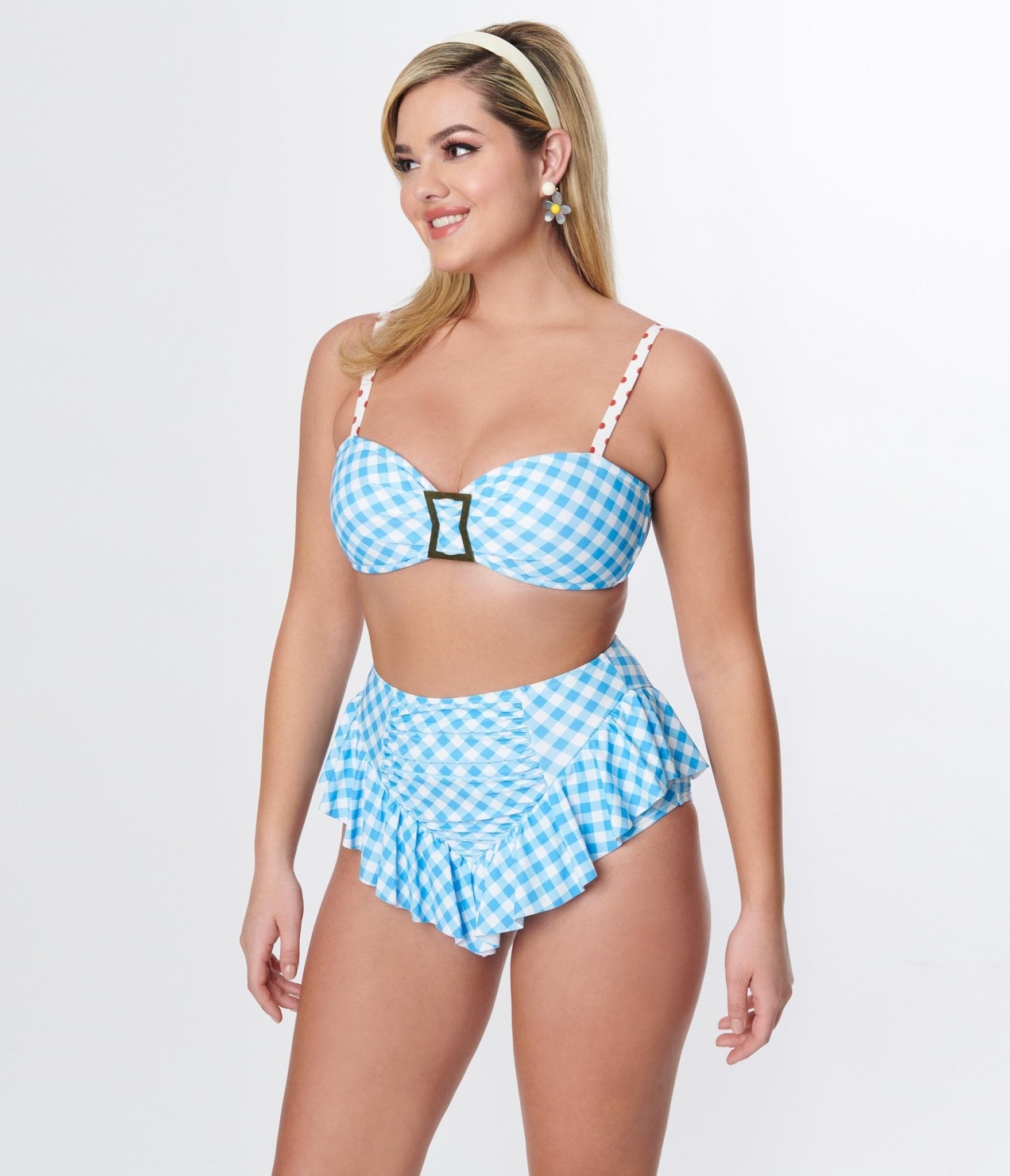 Unique Vintage Blue Gingham Buckle Swim Top