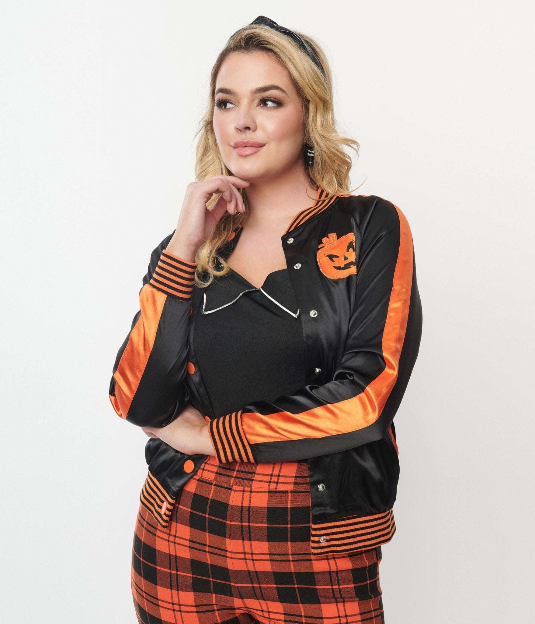 Unique Vintage Black & Orange Scream Queen Satin Bomber Jacket